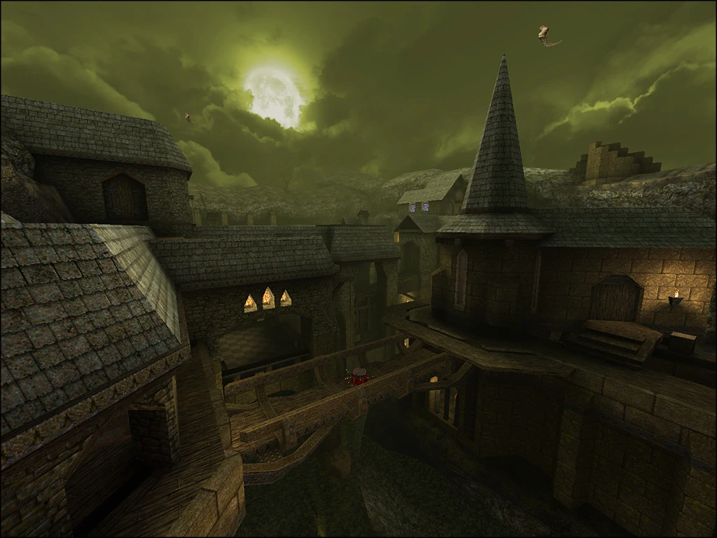 Gotyckie kamienne budynki i drewniane mosty pod zachmurzonym księżycowym niebem w modzie Quake Arcane Dimensions