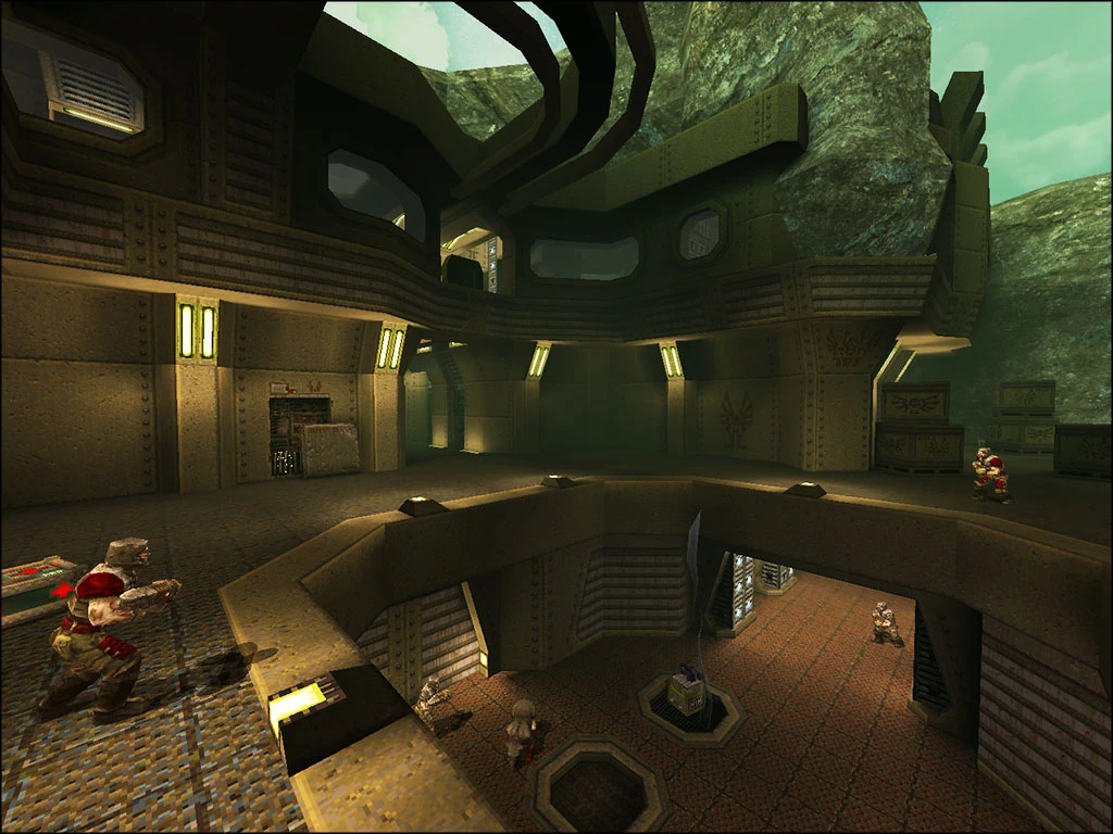 Gracze walczą na wielopoziomowej industrialnej arenie w modzie Arcane Dimensions do Quake