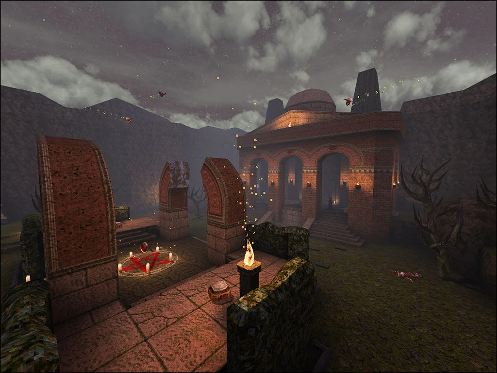 Zrzut ekranu z gry przedstawiający gotycką świątynię z cegły otoczoną skalnymi ścianami i świecącymi cząstkami ognia w modzie Quake Arcane Dimensions