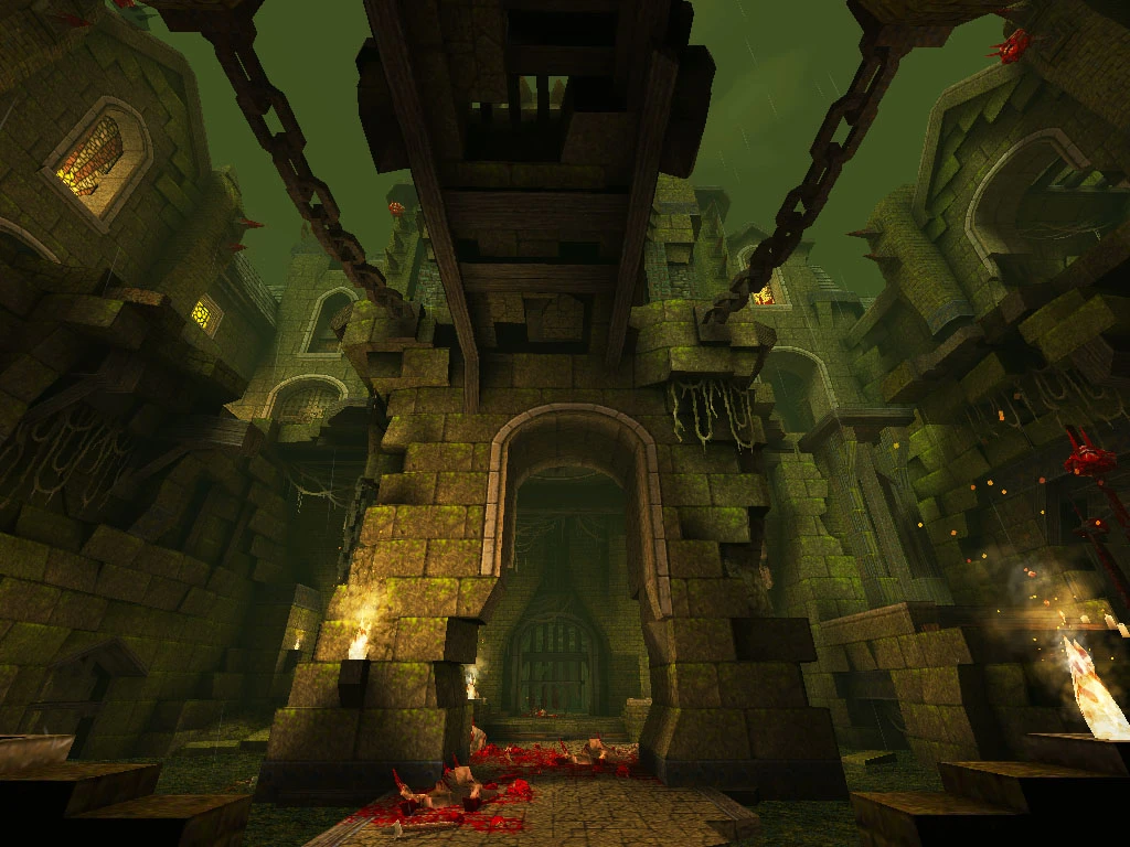 Widok w grze na ciemny, porośnięty mchem gotycki zamek z płonącymi pochodniami i łańcuchami w modzie Arcane Dimensions do Quake