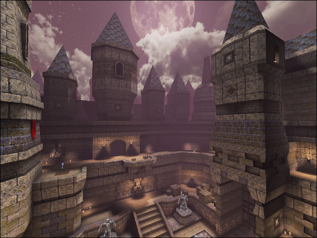 Zrzut ekranu przedstawiający średniowieczny zamek z kamiennymi wieżami i posągami pod dużym księżycem w modzie Arcane Dimensions do Quake 1996