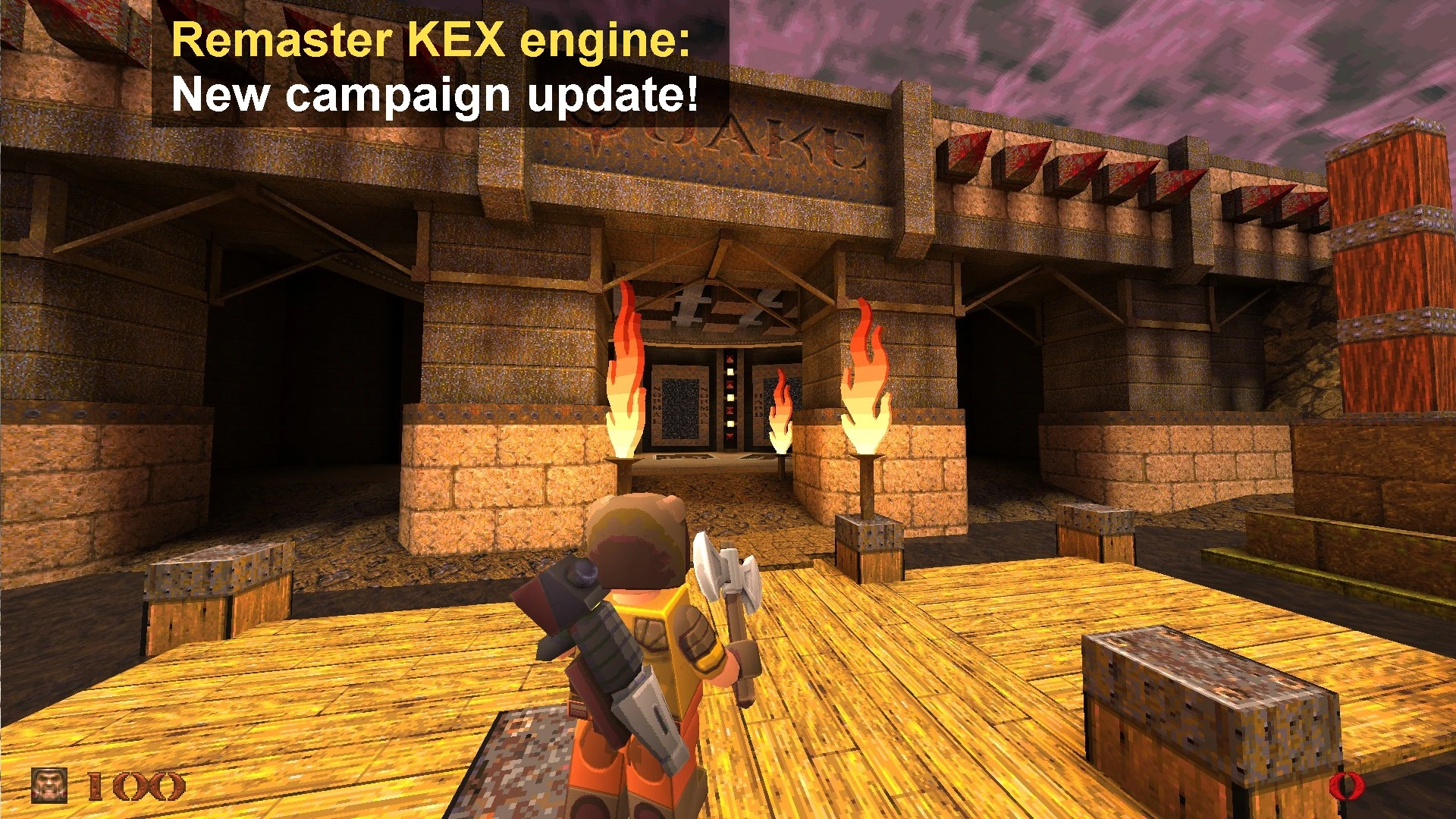 Spielszene aus dem Block Quake Mod mit Charakter und Axt vor steinernem Eingang und brennenden Fackeln