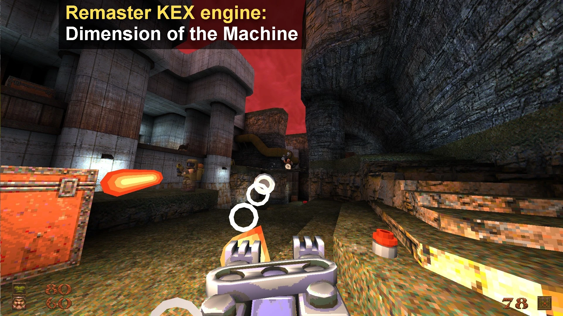 Perspektive aus der Ego-Perspektive beim Schießen im blockigen Quake-Remaster mit KEX Dimension of the Machine Mod