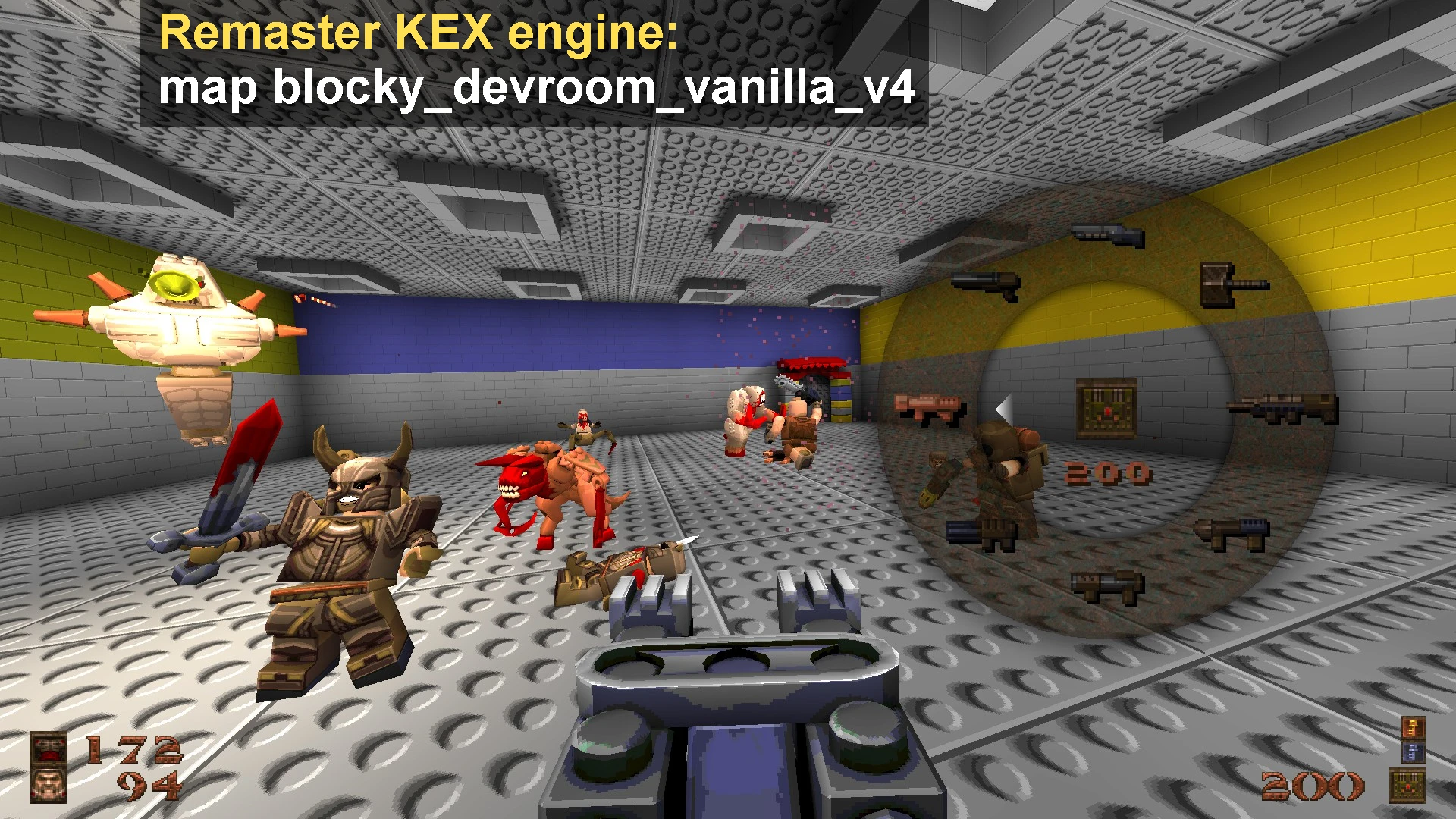 Gameplay-Screenshot von Quake mit Block Quake-Mod, die blockartige Charaktere in einem Lego-ähnlichen Raum zeigt