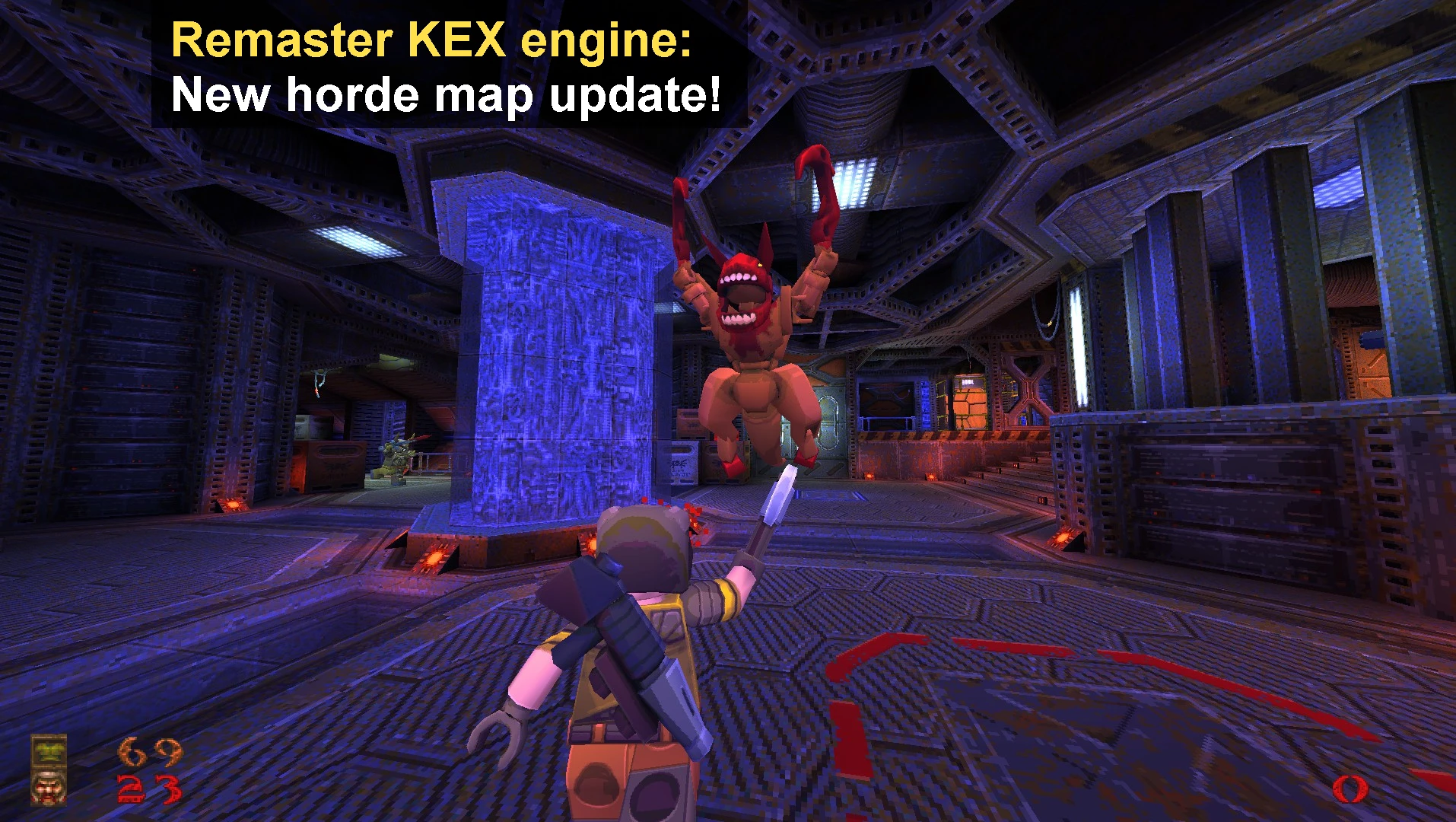Spieler mit Messer gegen springenden Gegner in futuristischer Industrie-Karte im Block Quake Mod auf KEX-Engine