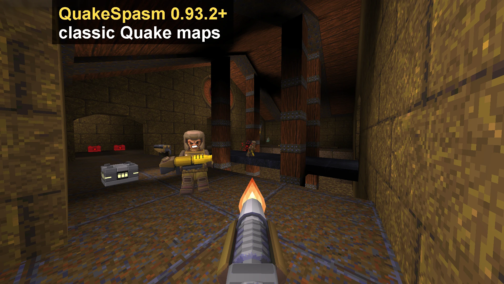 Blockiger Ego-Shooter-Kampf in dunklem Dungeon-Korridor mit pixeligen Wänden und bewaffneten Figuren