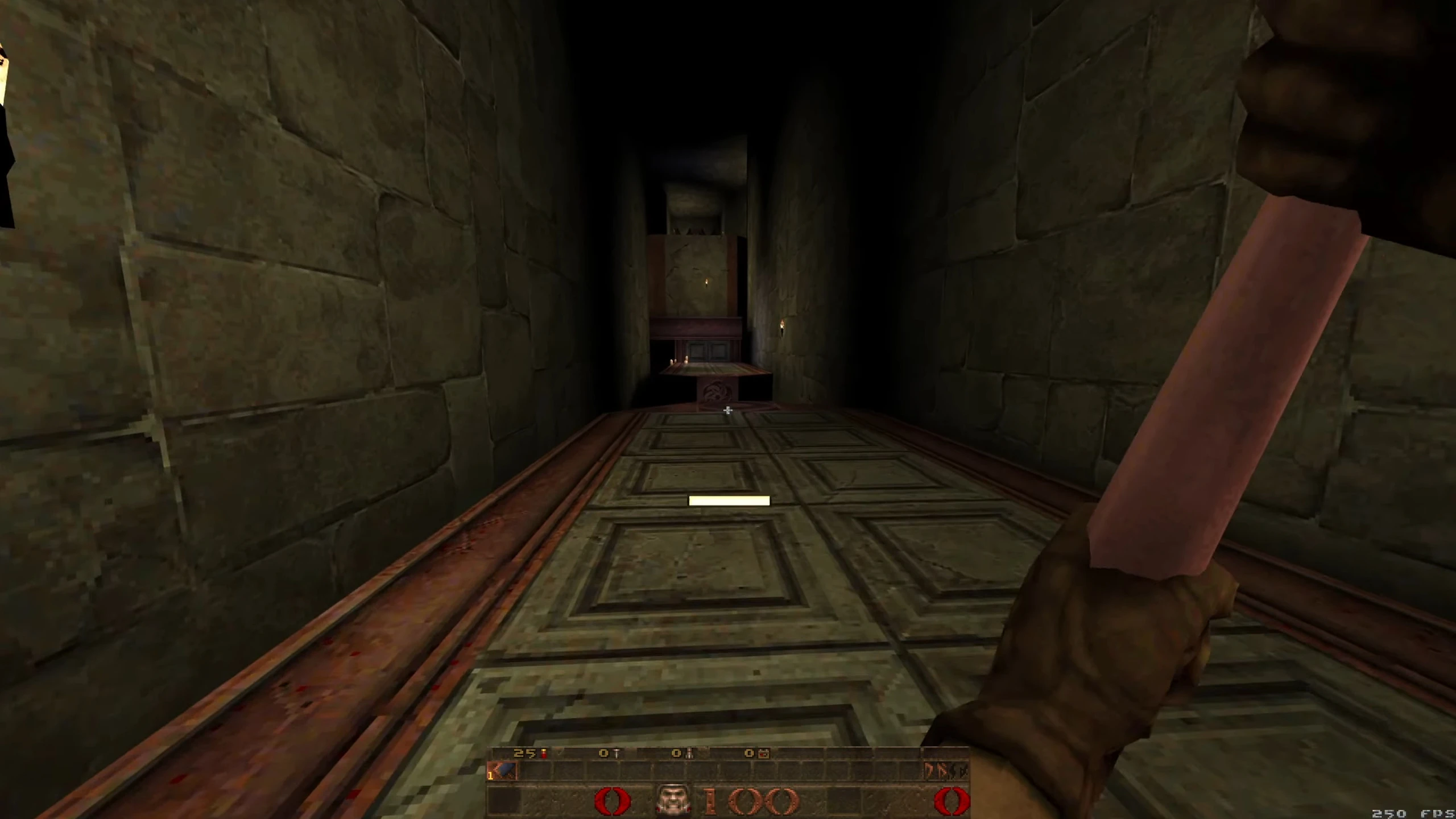 Widok z pierwszej osoby na ciemny kamienny korytarz w modzie Quake Bonk Jam!, gracz trzyma drewnianą broń