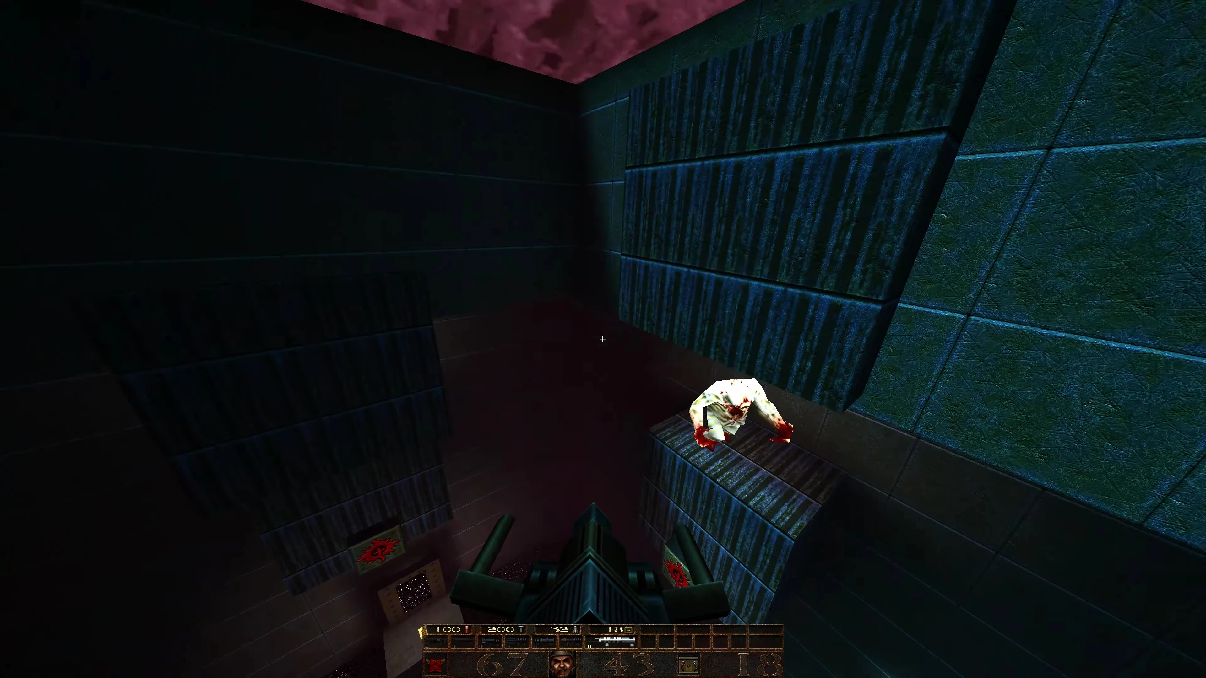 Gameplay-Screenshot mit dunklem Korridor und Gegner im Quake Copper-Mod