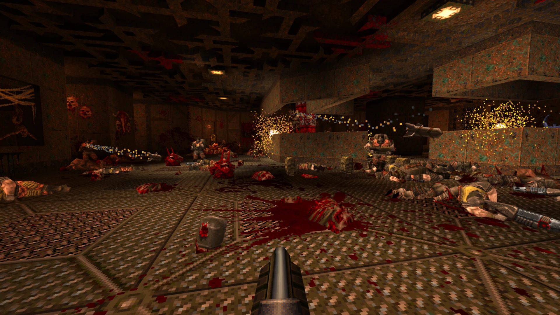 Widok z pierwszej osoby w modzie Corrosive Eternity do Quake z bronią, wrogami i krwawym polem bitwy z eksplozjami