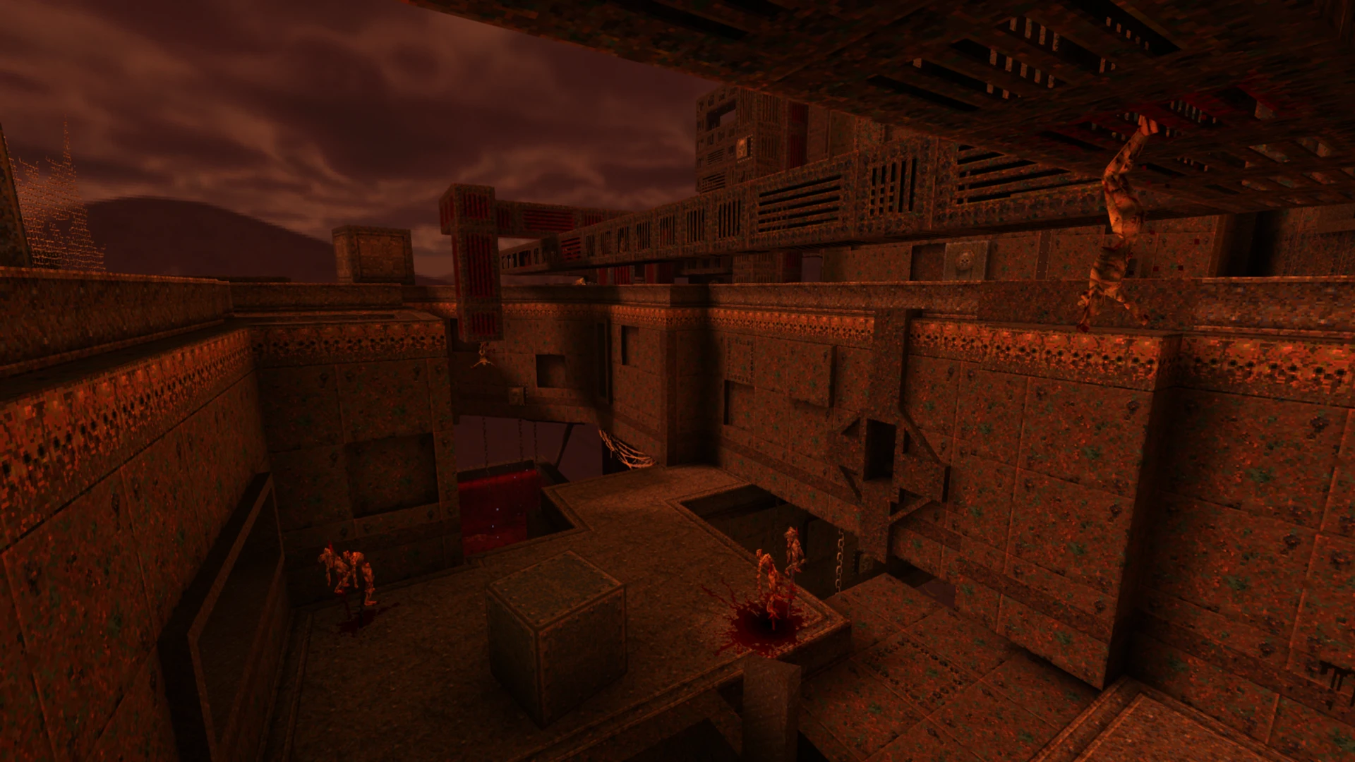 Mod Corrosive Eternity do Quake pokazuje ciemne czerwone metalowe konstrukcje i groteskowych wrogów w ponurej otwartej arenie