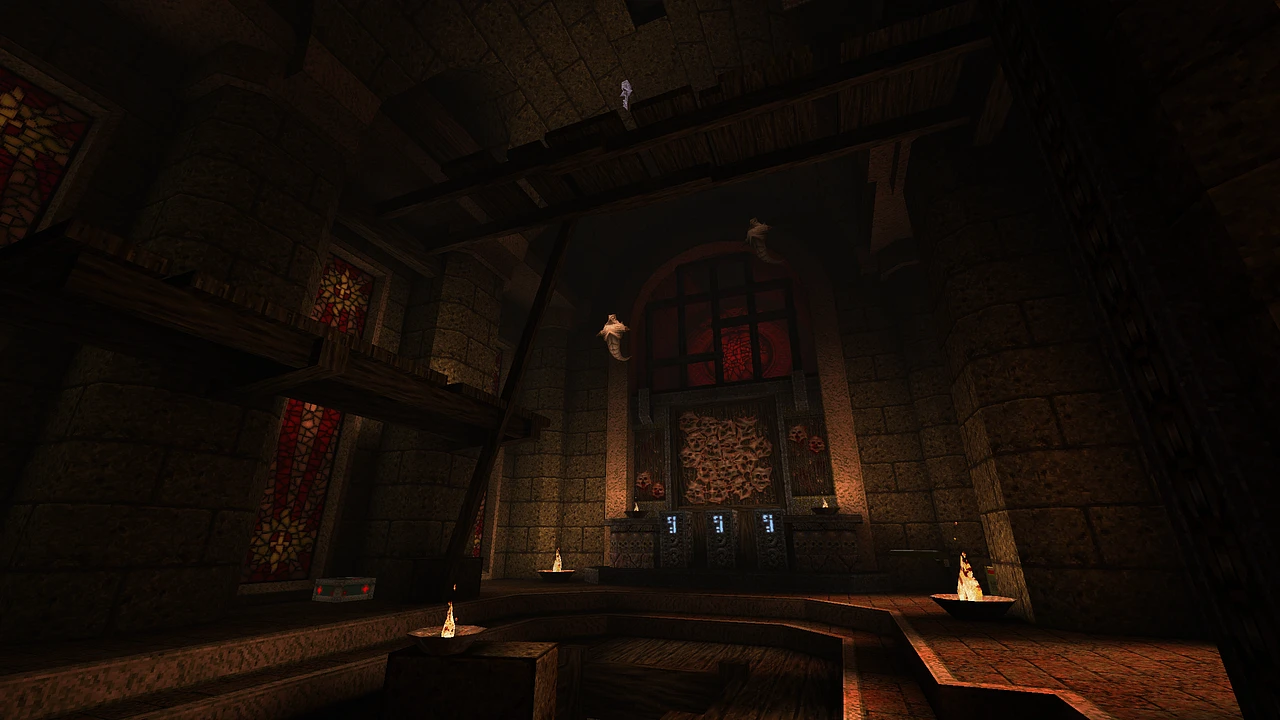 Wnętrze ciemnej kamiennej gotyckiej areny ze witrażami i płomieniami w modzie Quake Deathmatch Dimension