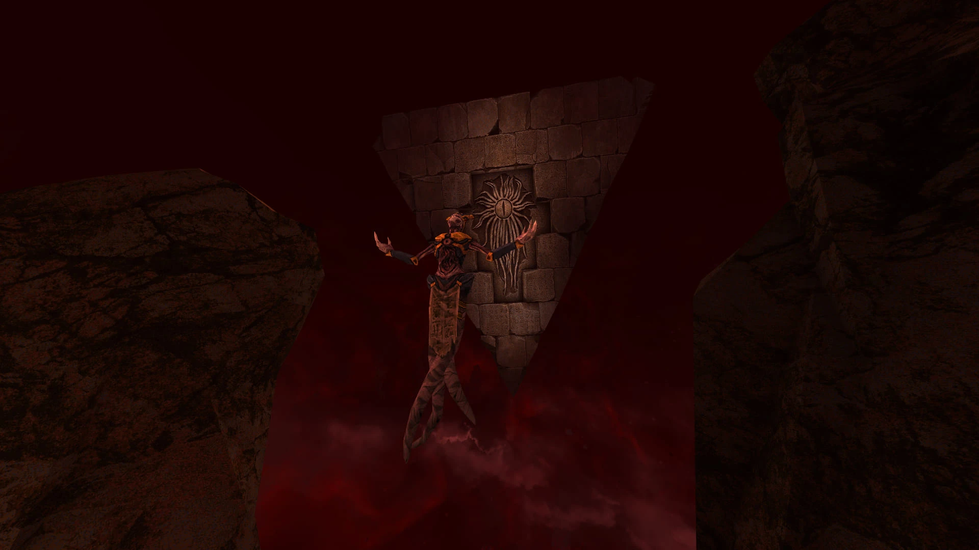 Una criatura realiza un ritual oscuro frente a una gran losa de piedra con un símbolo de ojo en un entorno brumoso rojo en el mod Dwell de Quake