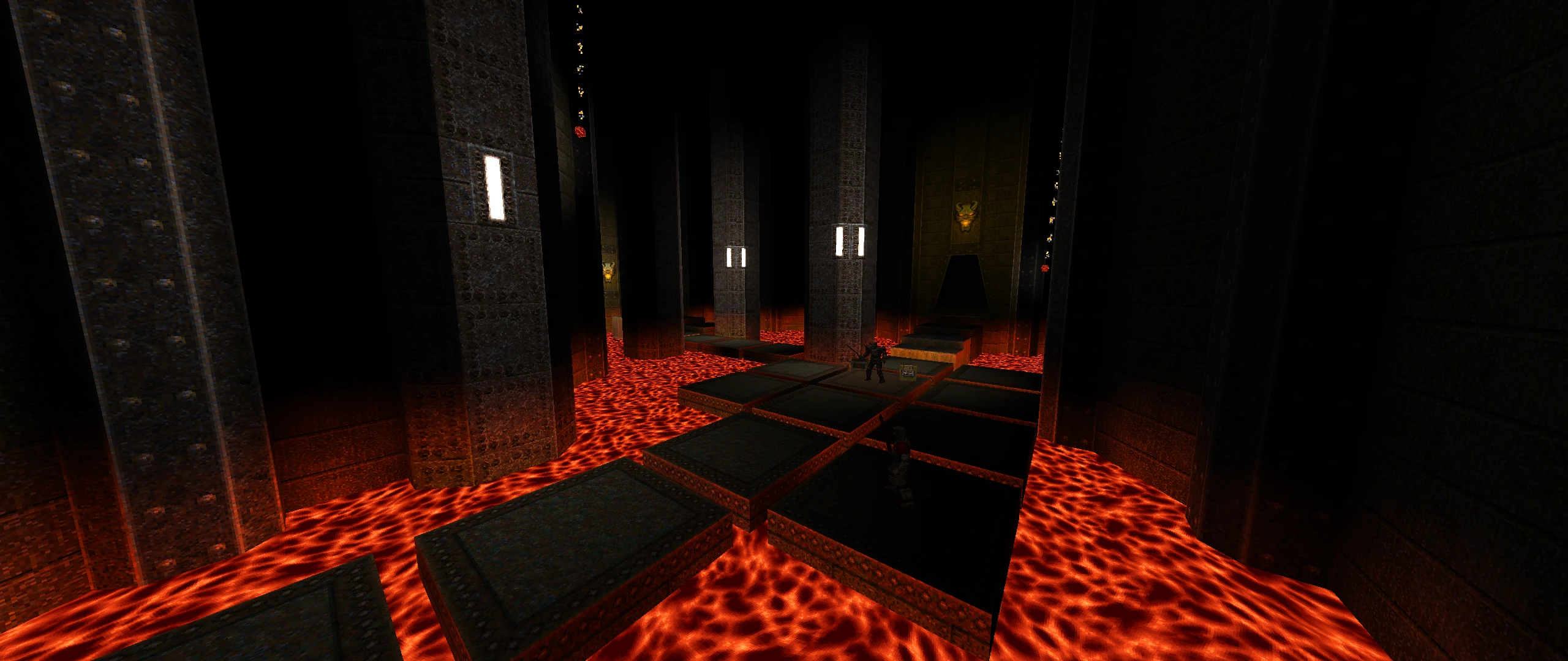 Interior oscuro con suelo de lava y pilares de piedra en el mod Epochs of Enmity de Quake