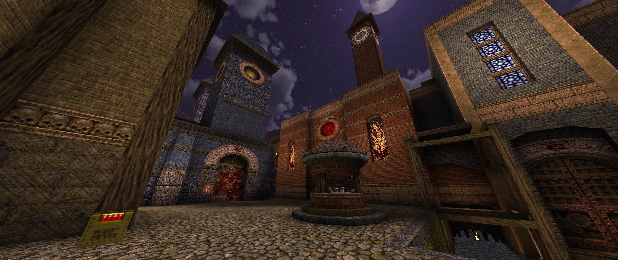 El mod Quake Epochs of Enmity muestra una plaza nocturna con torres de reloj y pozo de piedra