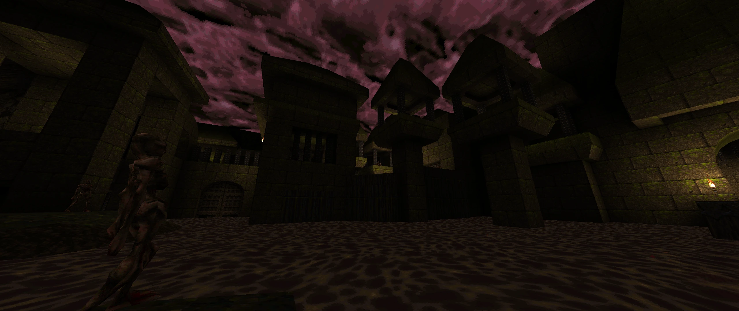 Captura del mod Epochs of Enmity de Quake 1996 mostrando una fortaleza oscura de piedra con cielo púrpura ominoso y una figura de monstruo