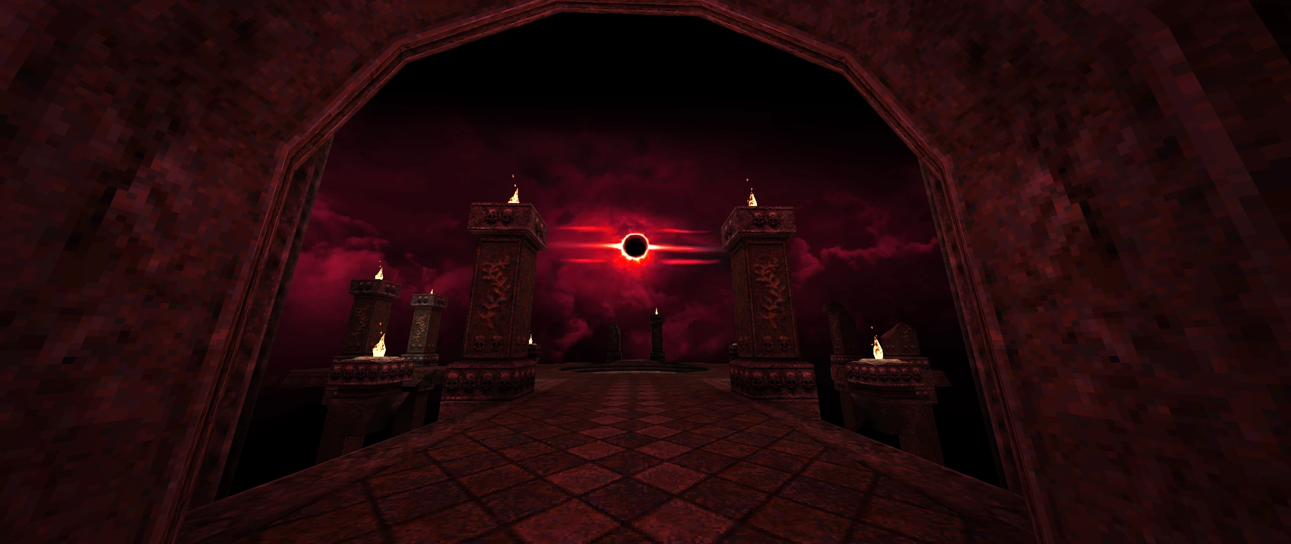 Vista a través de un arco rojo a una plataforma de piedra con pilares en llamas y un cielo rojo de eclipse