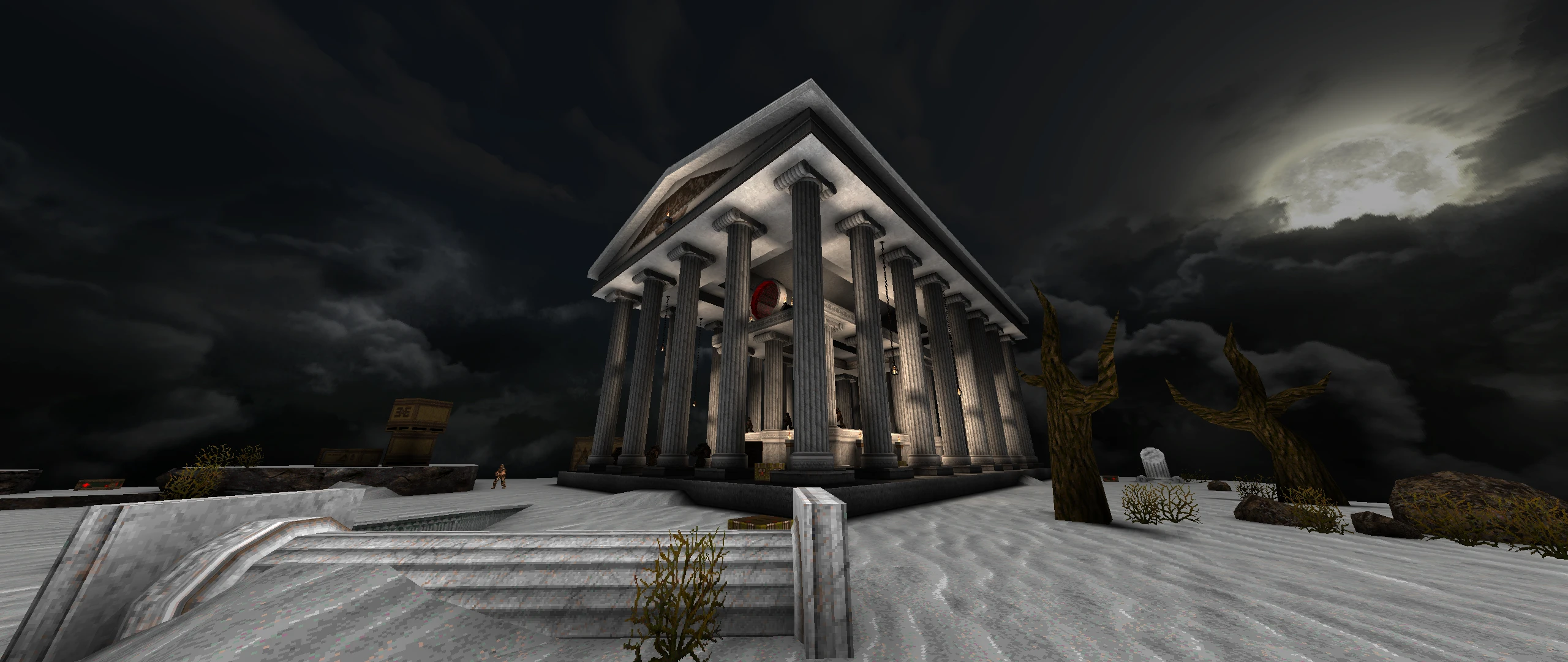 Captura del mod Quake Epochs of Enmity con un gran templo antiguo con columnas de piedra altas y luna llena en cielo nocturno nublado
