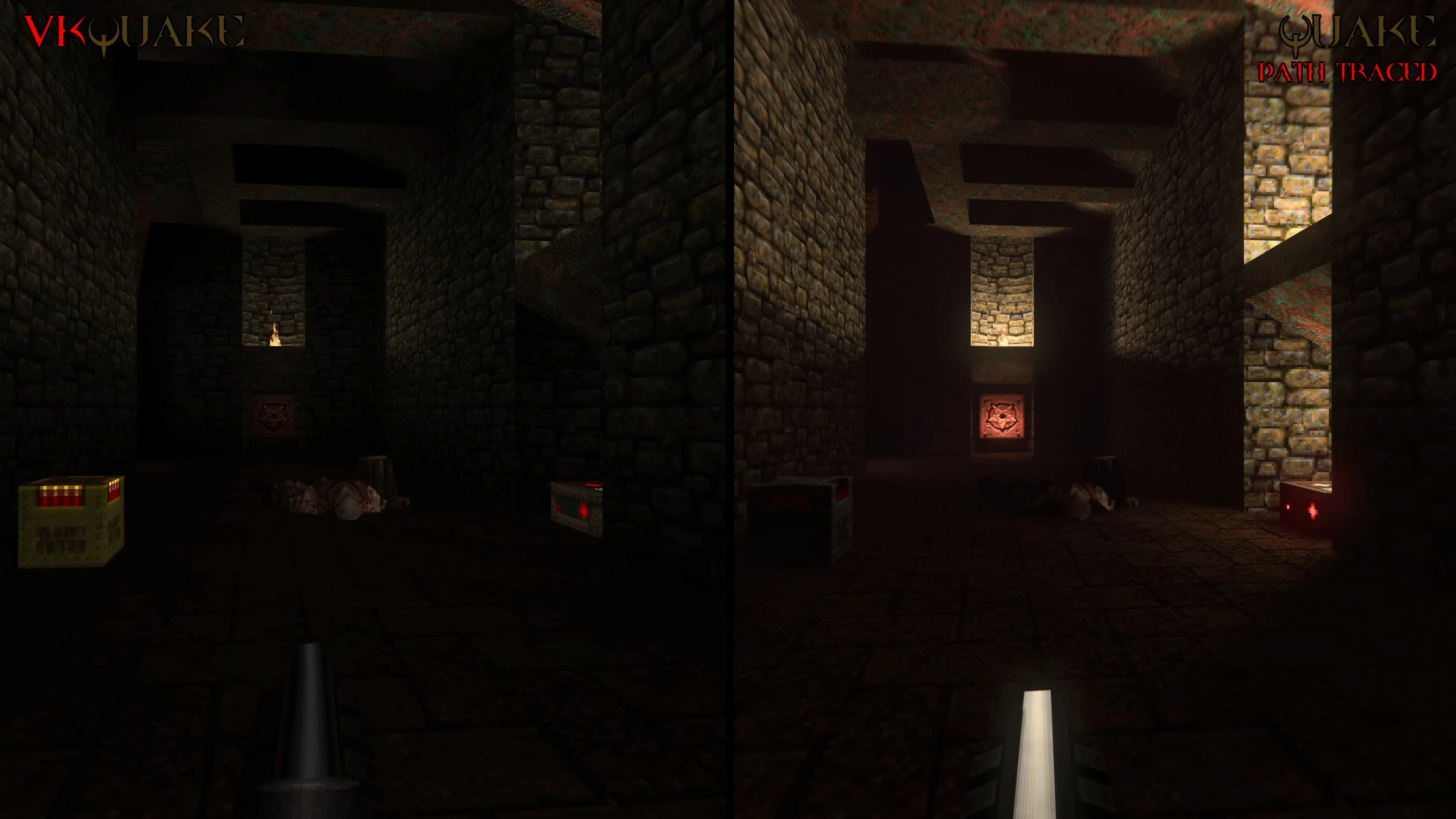 Seitenansicht eines dunklen Stein-Flurs mit verbesserten Lichtreflexionen und Schatten durch Raytracing im Quake Mod