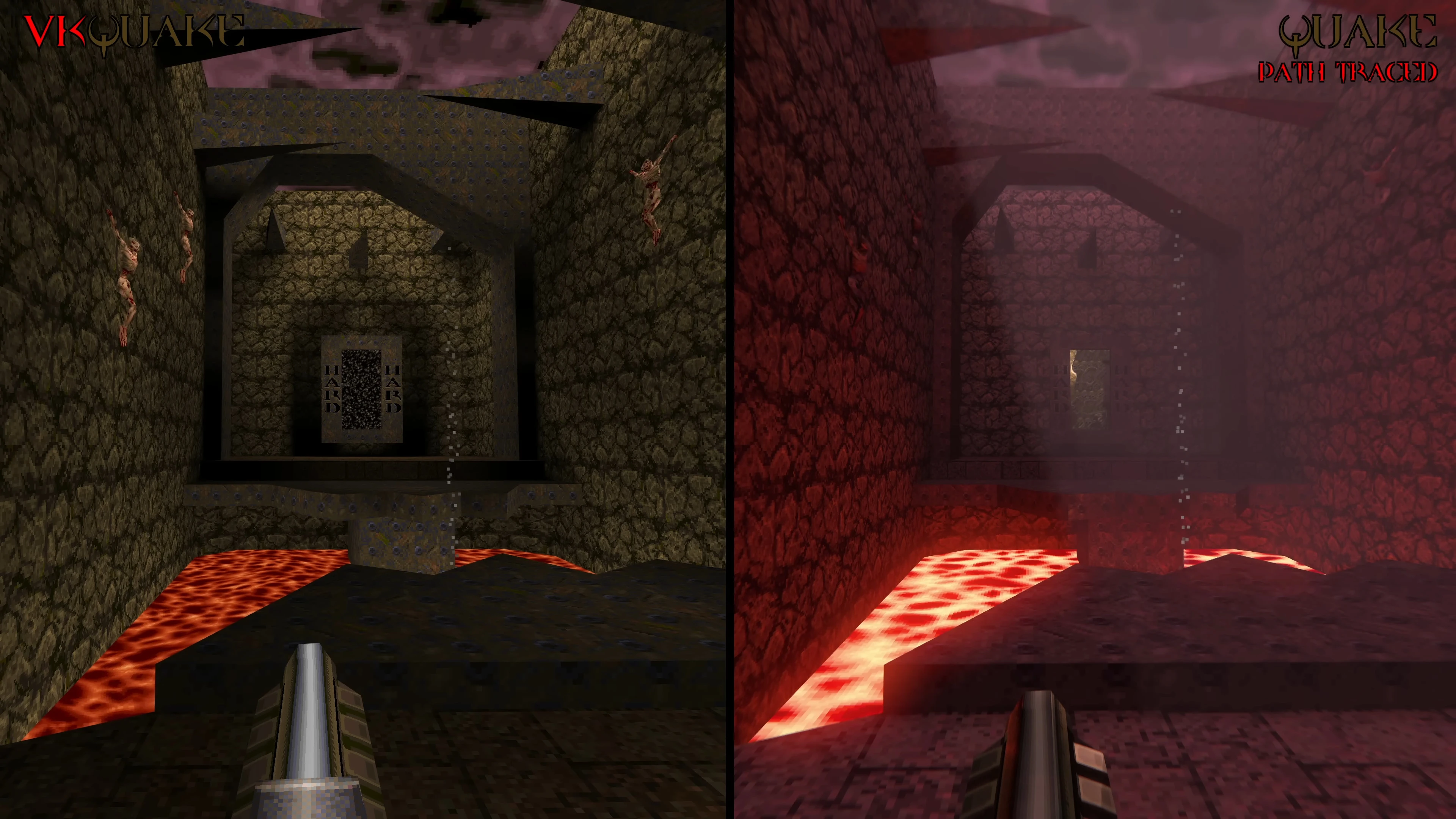 Nebeneinander Bild mit Quake 1 Standardbeleuchtung links und Ray Tracing Mod rechts