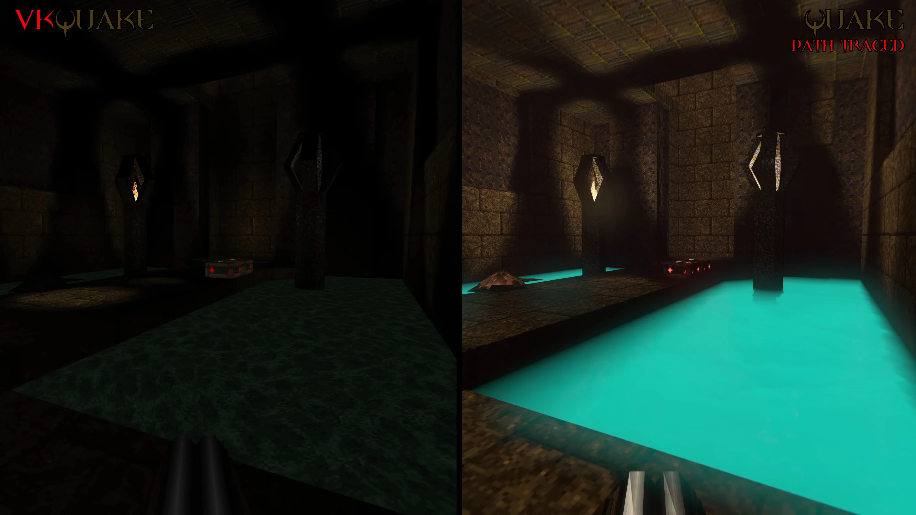 Vergleichsbild von Quake 1 Grafiken mit und ohne Raytracing zeigt verbesserte Beleuchtung und Reflexionen