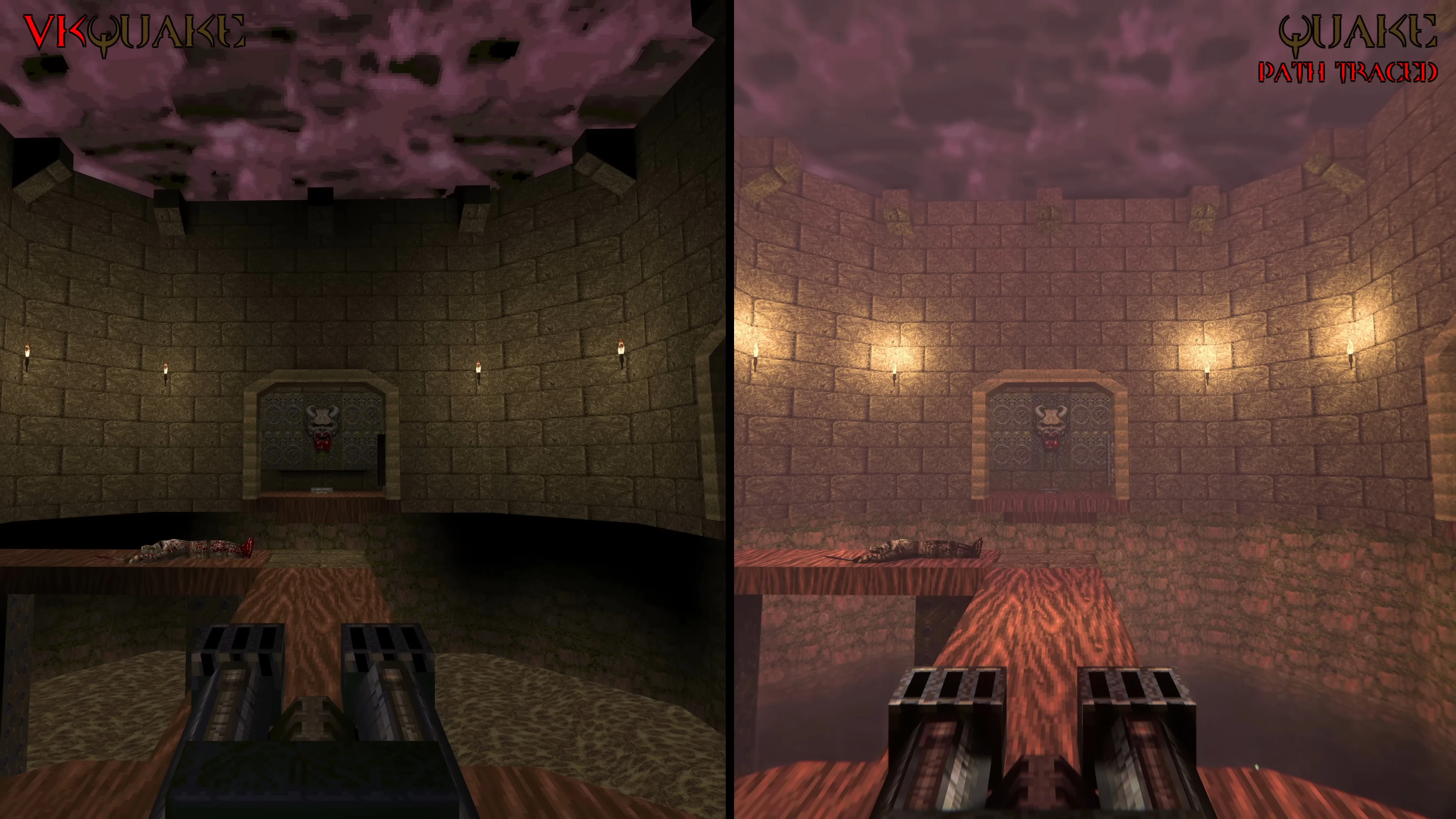 Seitlicher Vergleich von Quake 1 Spielumgebungen mit Standard- und Raytraycing-Beleuchtung auf Steinmauern und Holzbrücken