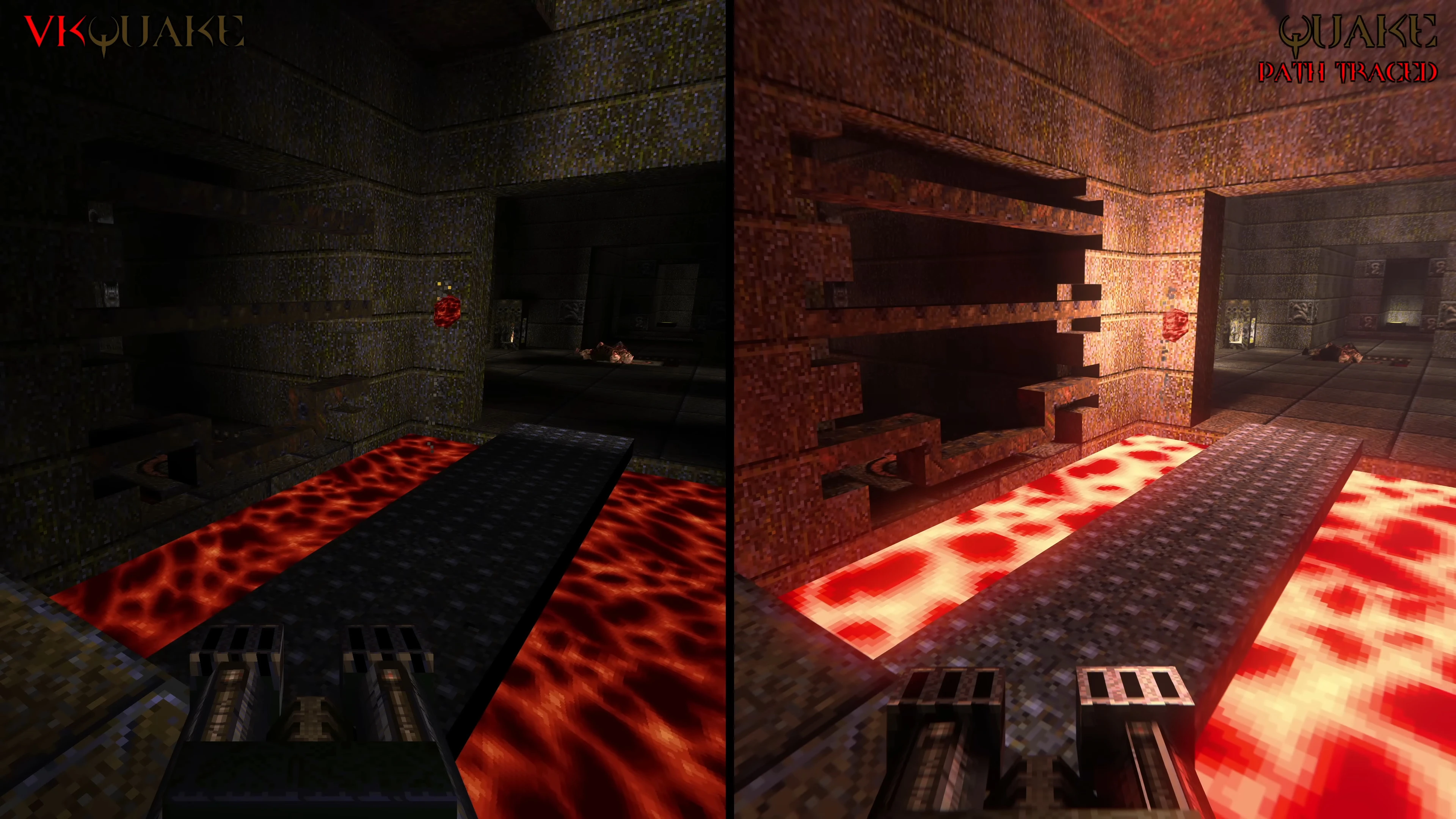 Geteilter Bildschirm in Quake 1 vergleicht raytracing- und pfadverfolgtes Licht über Lavaboden und Steinwänden