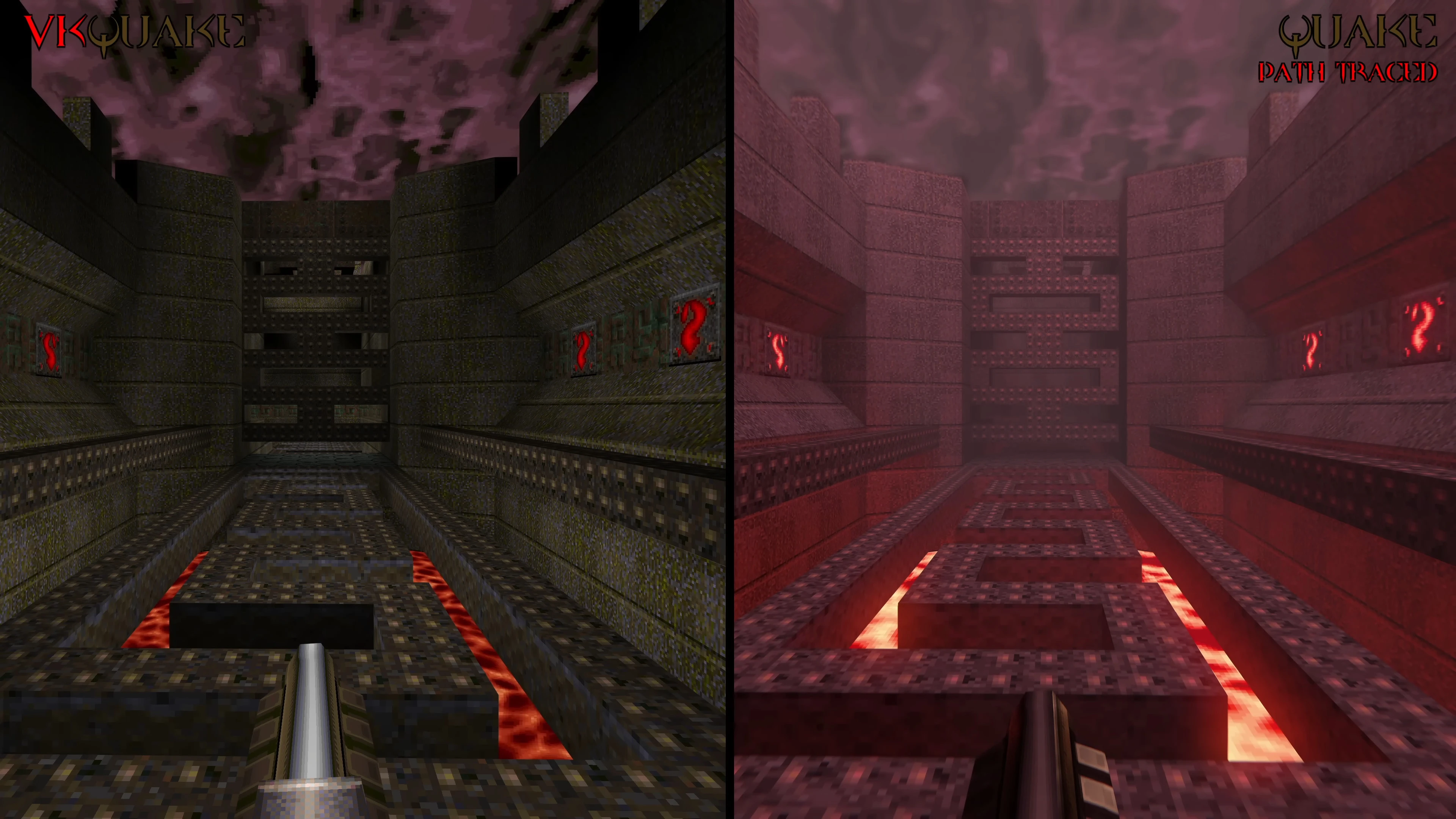 Geteilter Bildschirm in Quake mit originaler Grafik links und ray traced Darstellung rechts