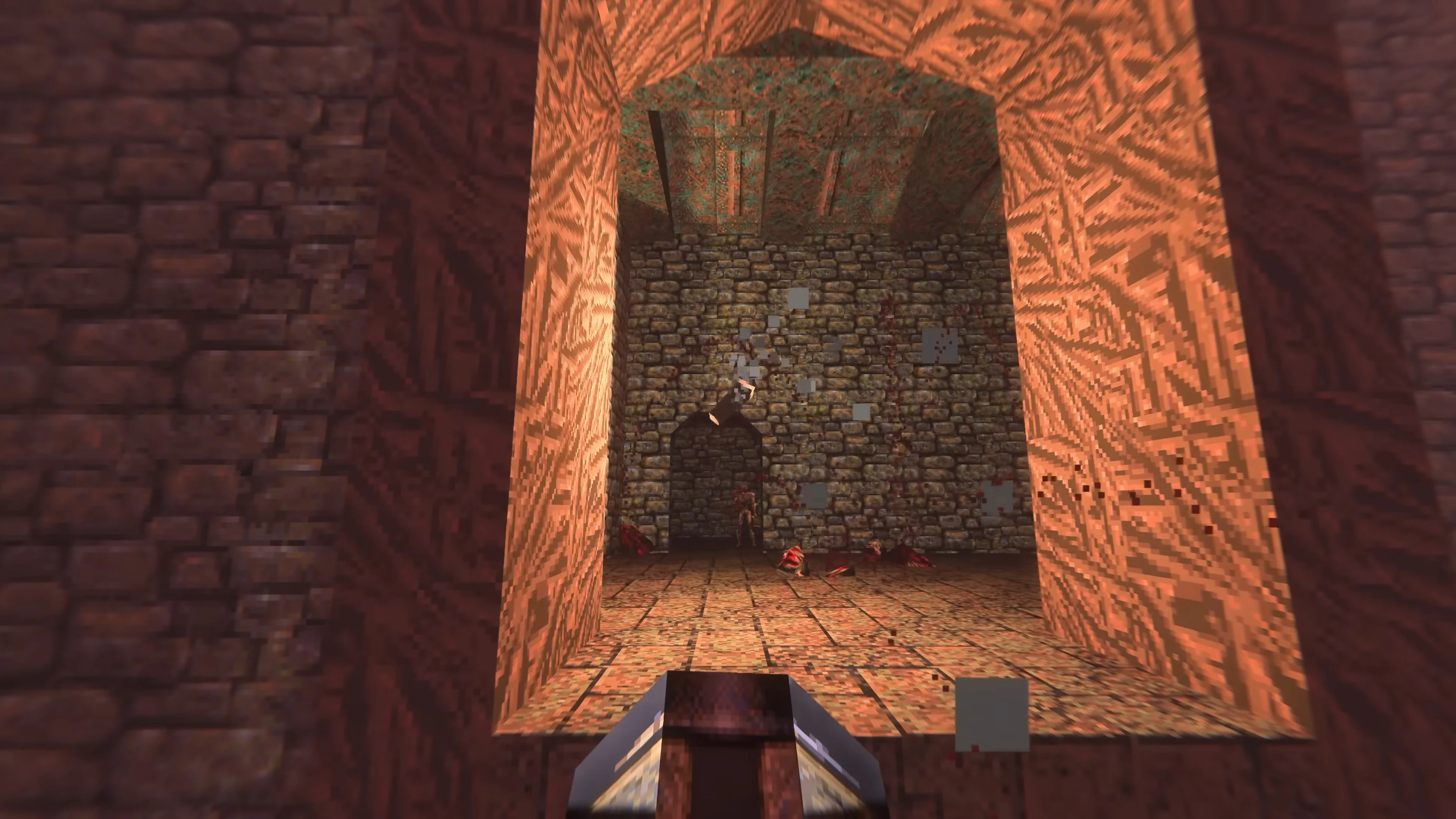 Erste-Person-Ansicht in Quake 1 mit Ray-Tracing-Mod zeigt detaillierte Steinwände und einen Monstergegner