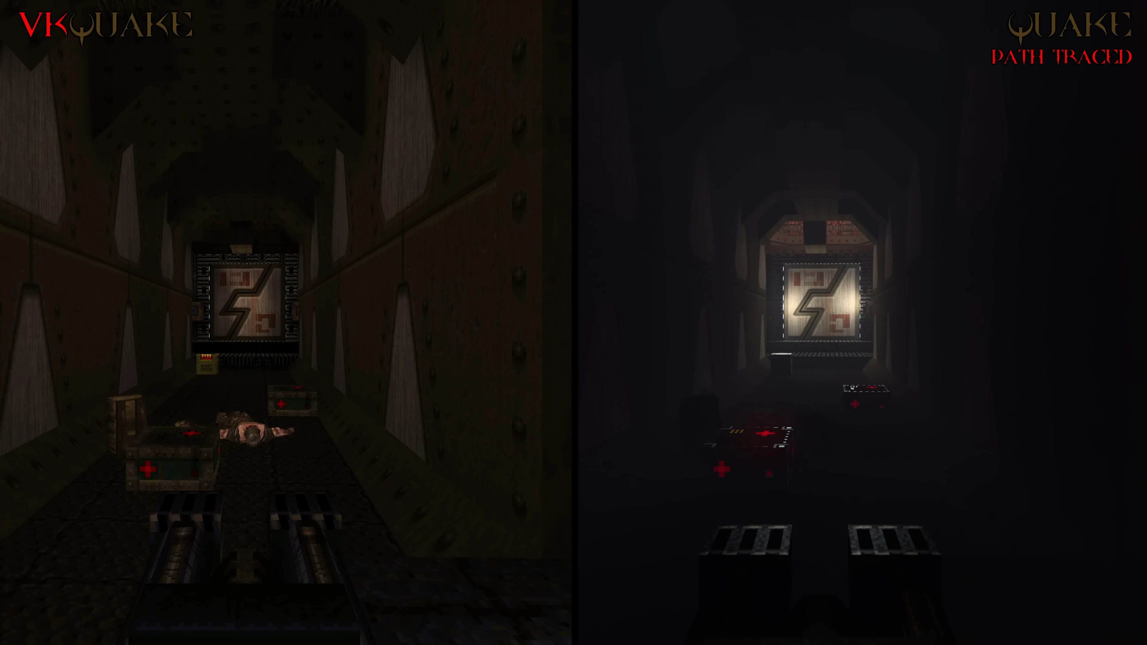 Split-Screen-Vergleich eines Quake 1 Korridors mit klassischer Beleuchtung links und raygetraceten Schatten rechts