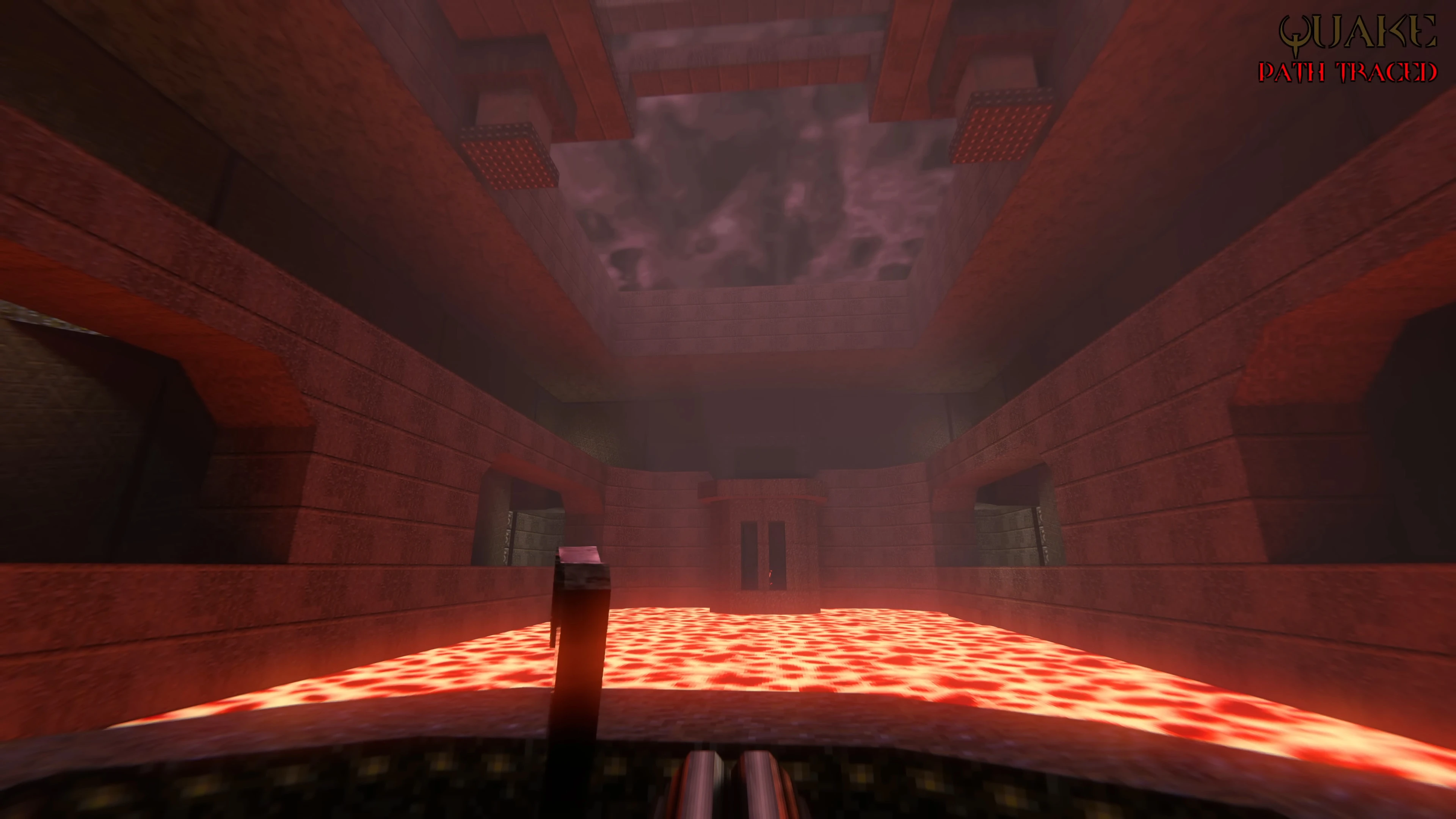 Szene aus dem Quake 1 Mod mit einem Raum und leuchtendem, raytraced Lavaboden sowie detaillierten Steinwänden
