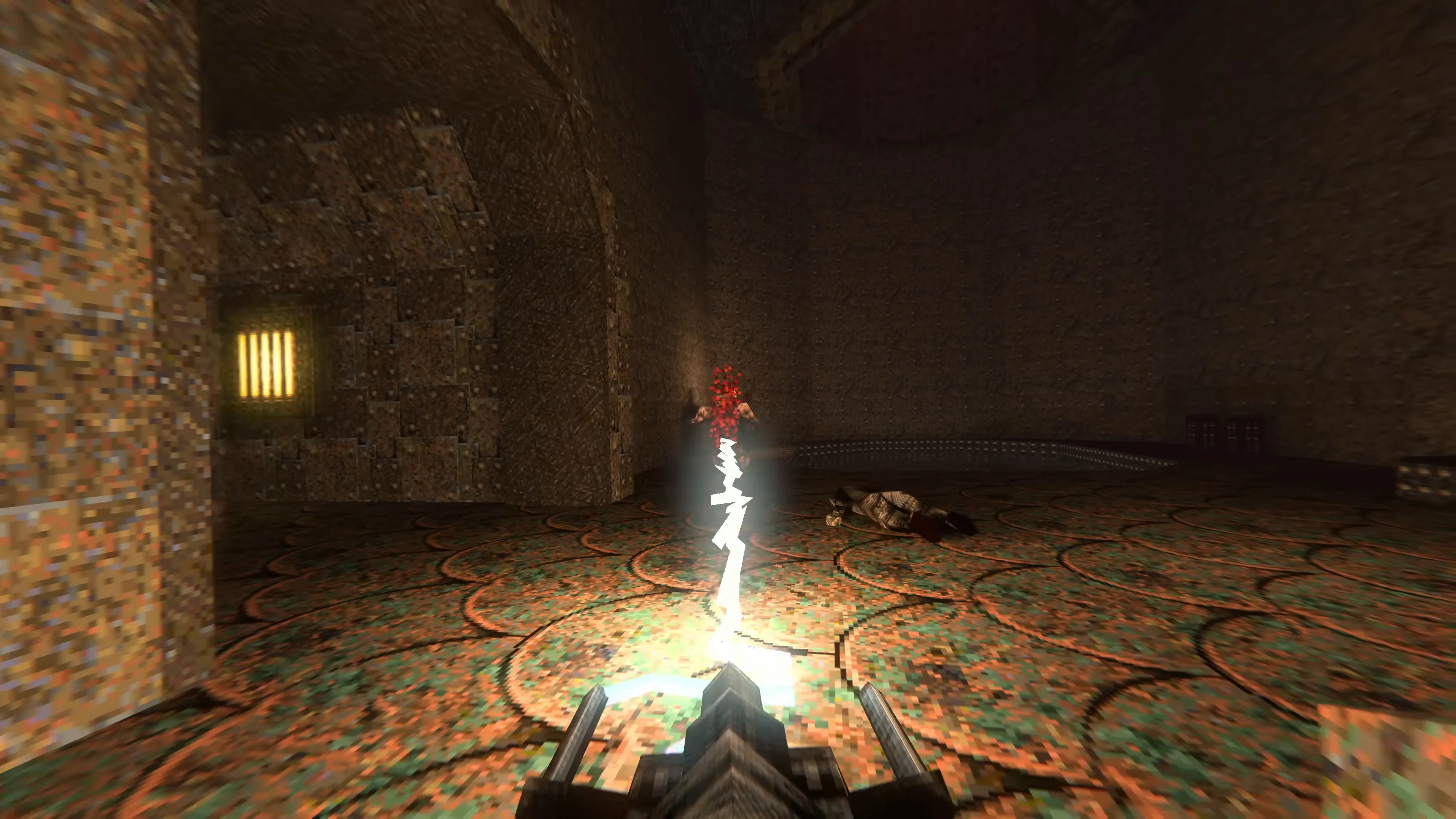 Quake 1 Spielszenen mit Ray Traced Beleuchtung und Waffenschuss auf Feind in Innenraum