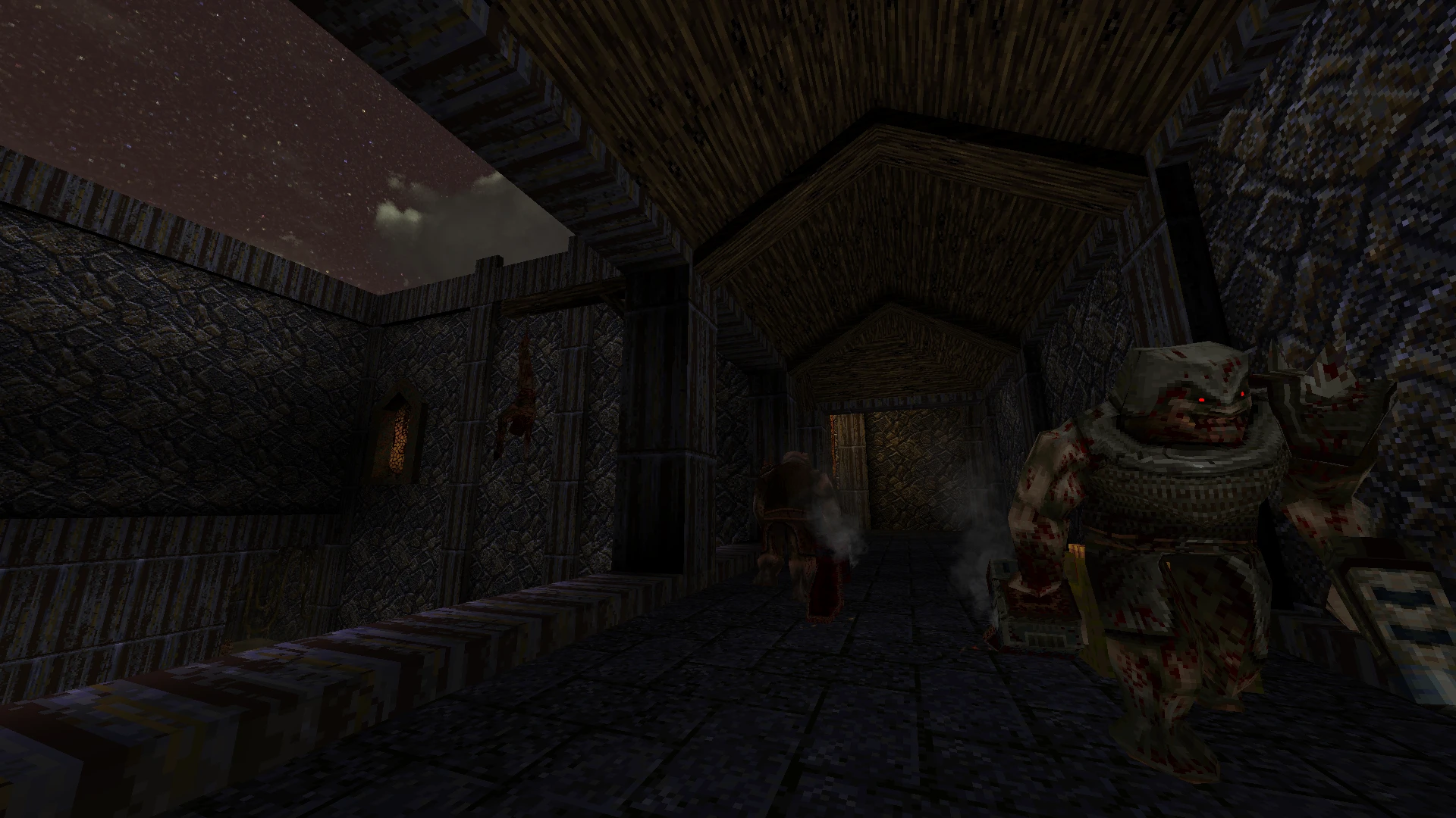 Screenshot aus dem Spiel mit dunklem steinernen Korridor und zwei blutbedeckten Monstern im Quake 1.5 Combat+ Mod