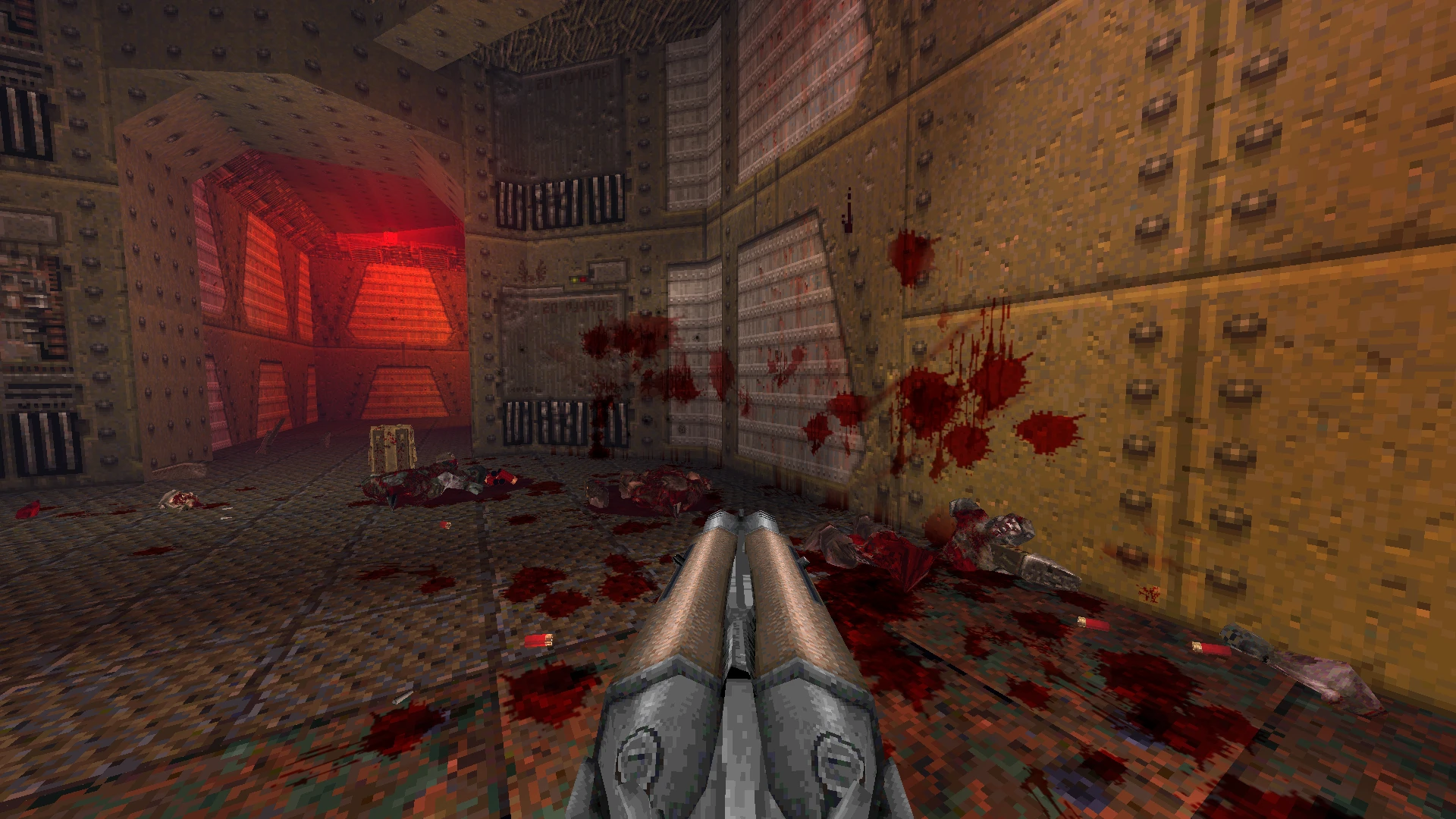 Erste-Person-Perspektive im Quake 1.5 Mod mit Doppelrohr-Schrotflinte und blutigem Industrieflur