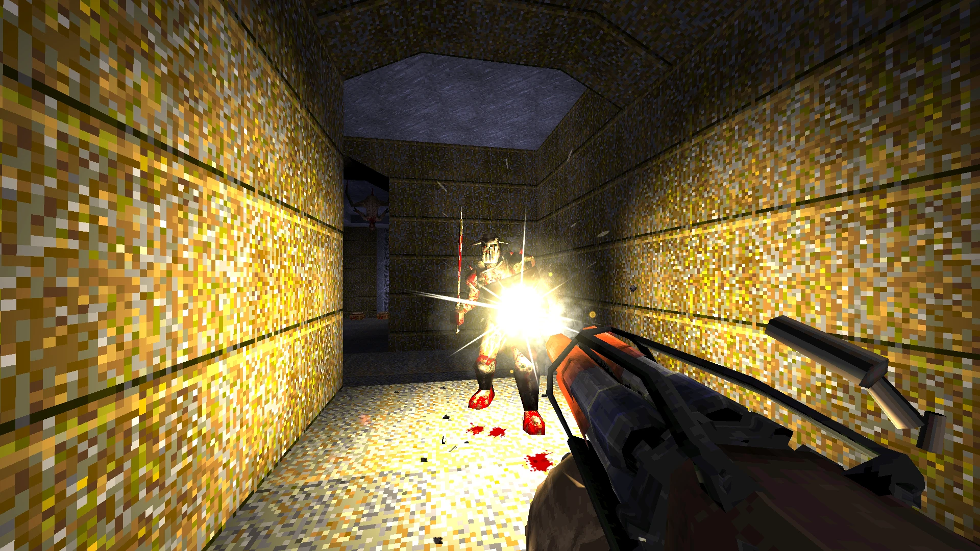 Ego-Shooter-Ansicht des Spielers, der in einem schwach beleuchteten, pixeligen Korridor im Quake 1.5-Mod auf einen gepanzerten Feind schießt