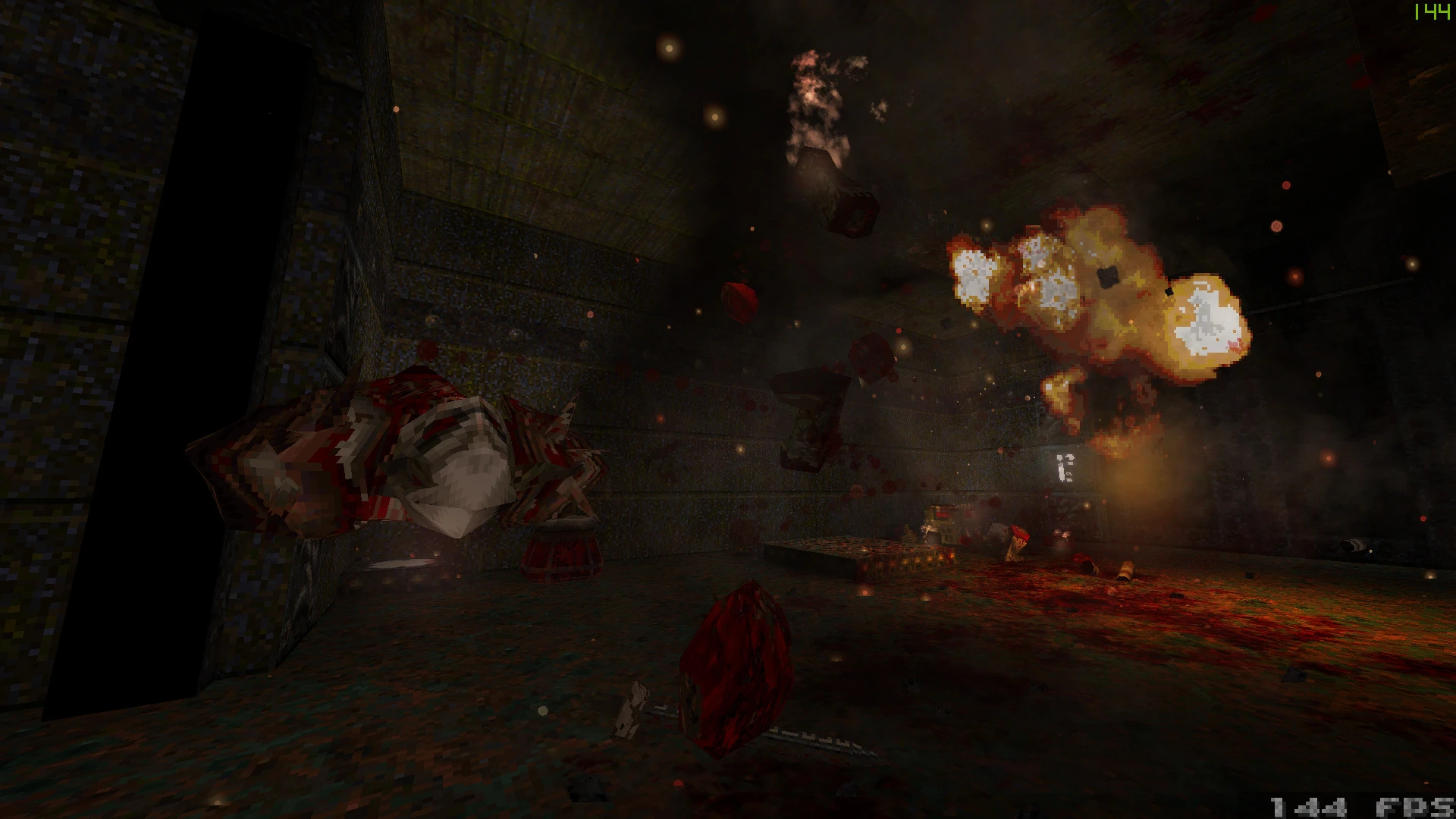 Explosion und Blutschutt fliegen in einem dunklen Industrie-Raum im Quake 1.5 Combat Mod