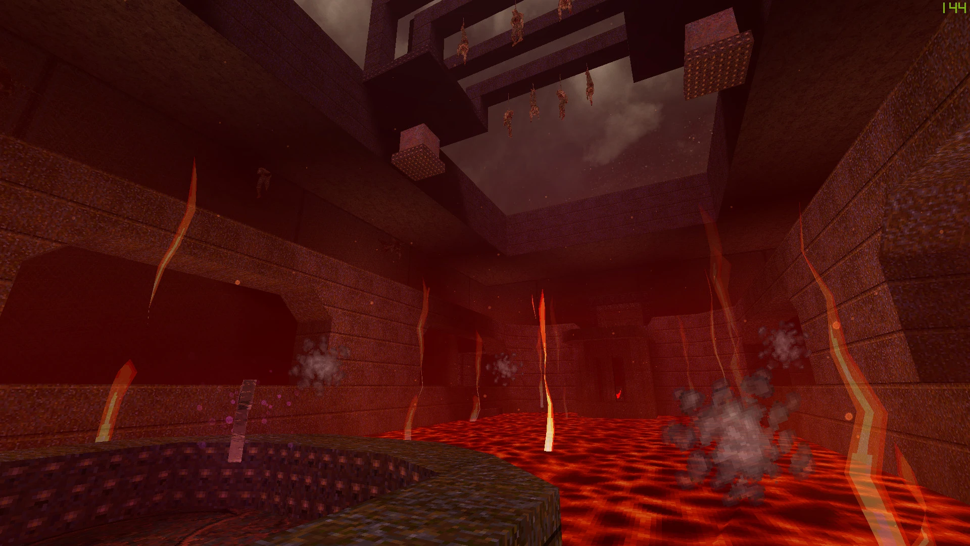 Gameplay-Bildschirmfoto einer dunklen Arena mit Lava und hängenden Leichen im Quake 1.5 Mod