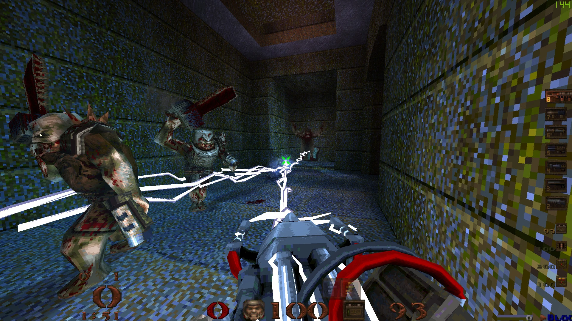 Spieler schießt mit Blitzwaffe auf mehrere Feinde in dunklem Steinkorridor im Quake 1.5 Mod