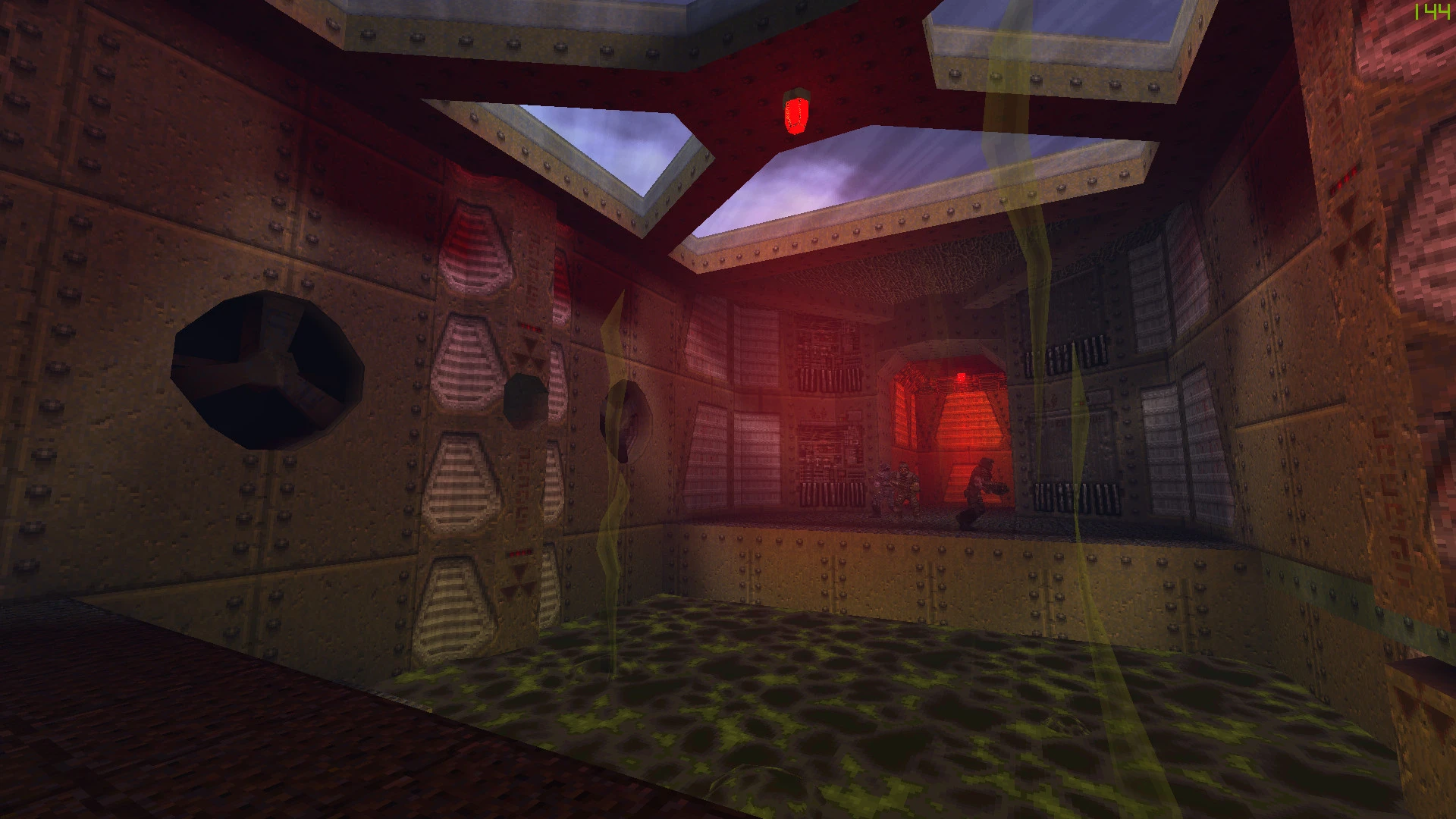 Spieler kämpfen in dunklem Industrie-Raum mit giftiger grüner Flüssigkeit im Quake 1.5 Mod