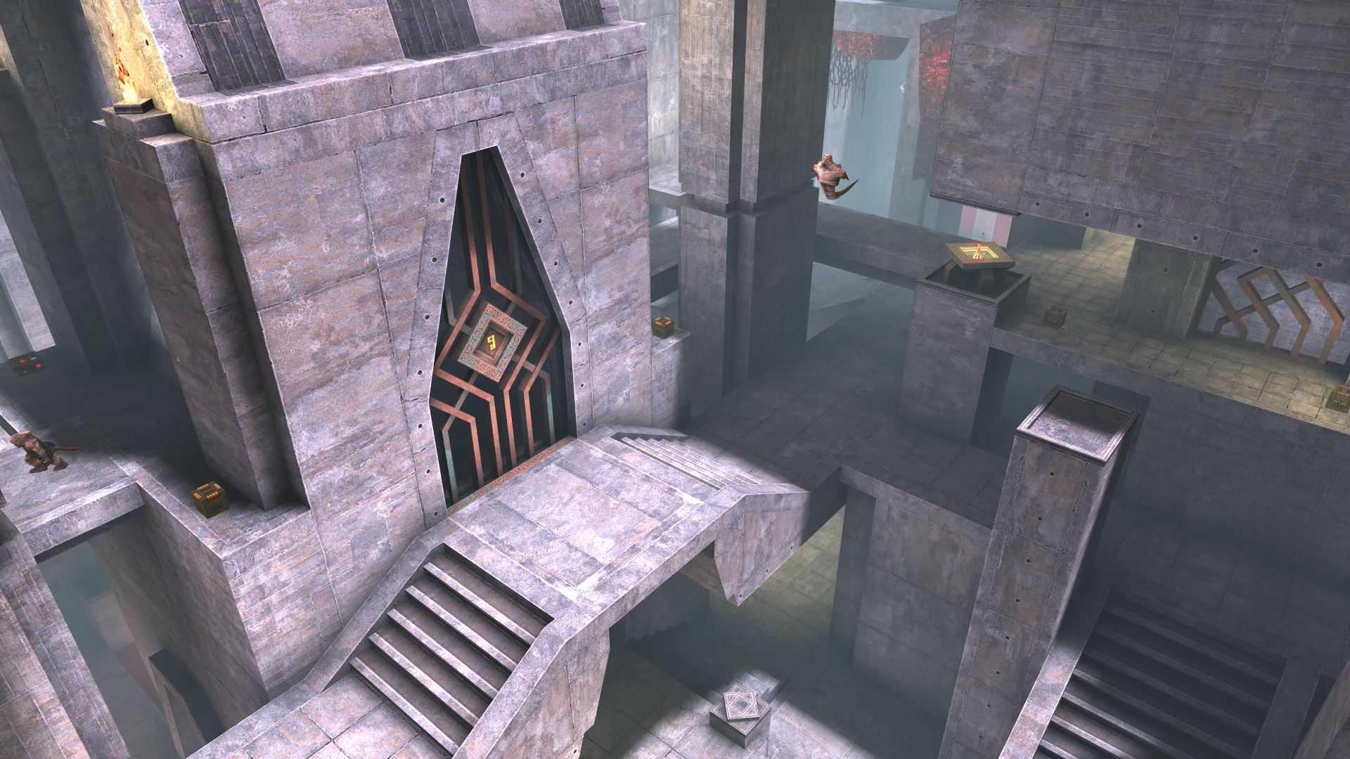 Betonowy brutalistyczny poziom z schodami, platformami i dużymi drzwiami w modzie Quake Brutalist Jam