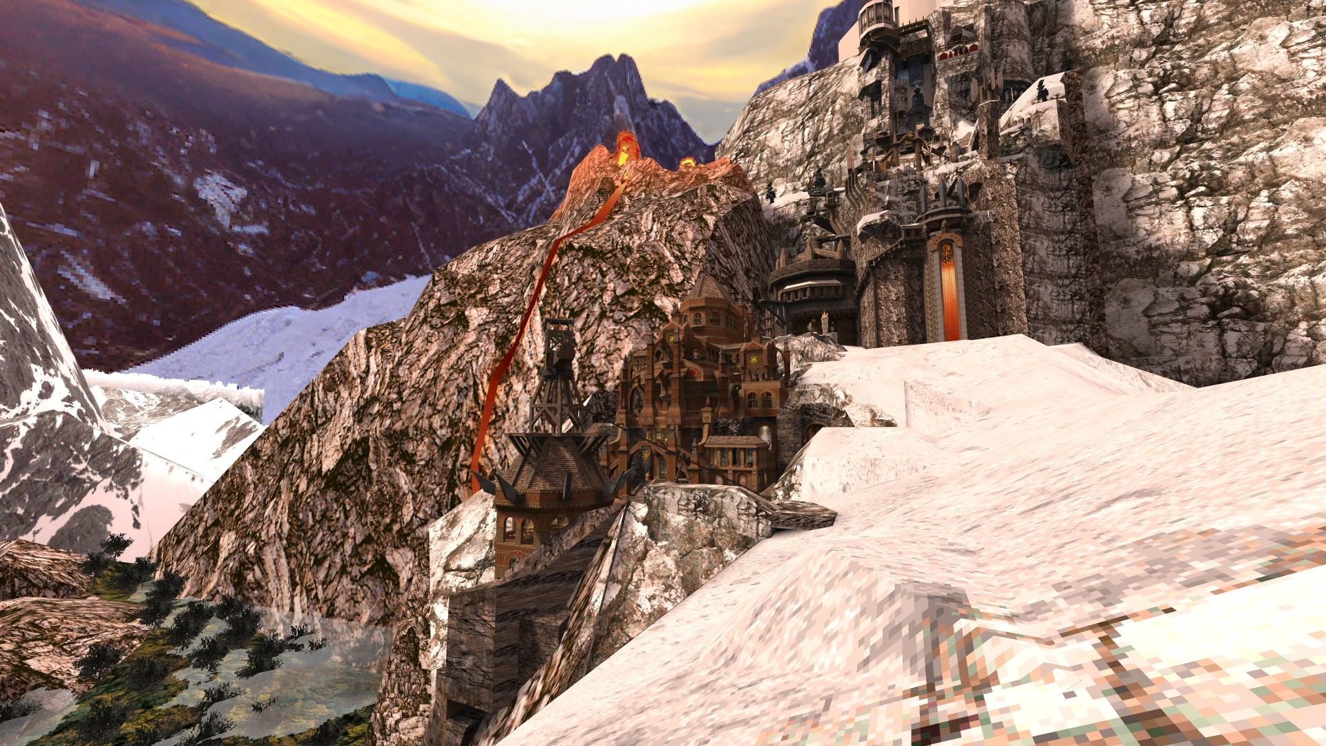 Quake Mjölnir Mod Screenshot mit Bergfestung und Lava, die das felsige Gelände unter dem Sonnenuntergang durchfließt