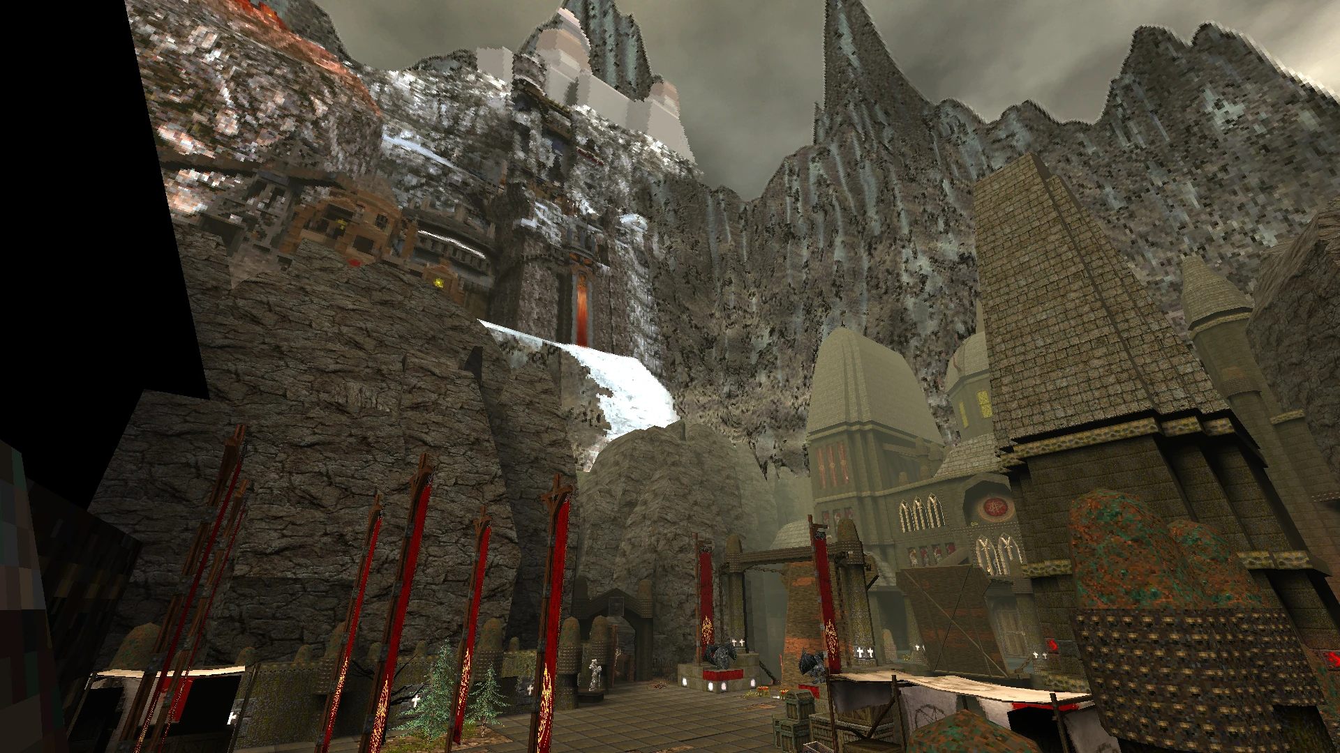Spiel-Screenshot mit einer felsigen Festung, roten Bannern und hohen Klippen unter bewölktem Himmel