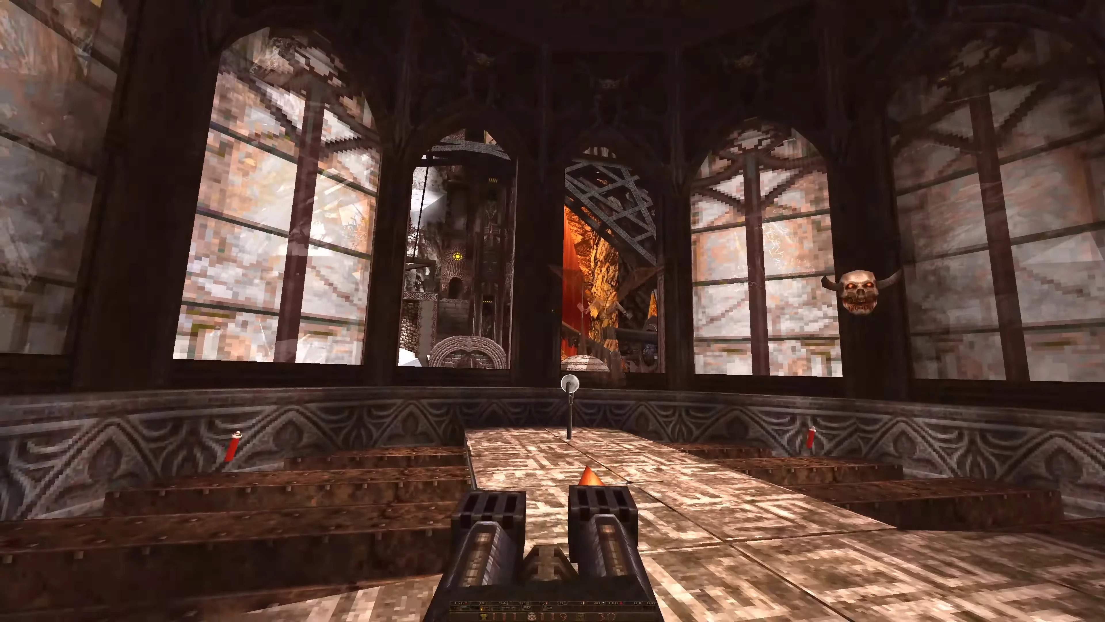 Spielbildschirm zeigt Doppelrohrwaffe, die in einem mittelalterlichen Raum mit großen Fenstern und schwebendem Totenschädel-Gegner zielt im Quake Mjölnir Mod