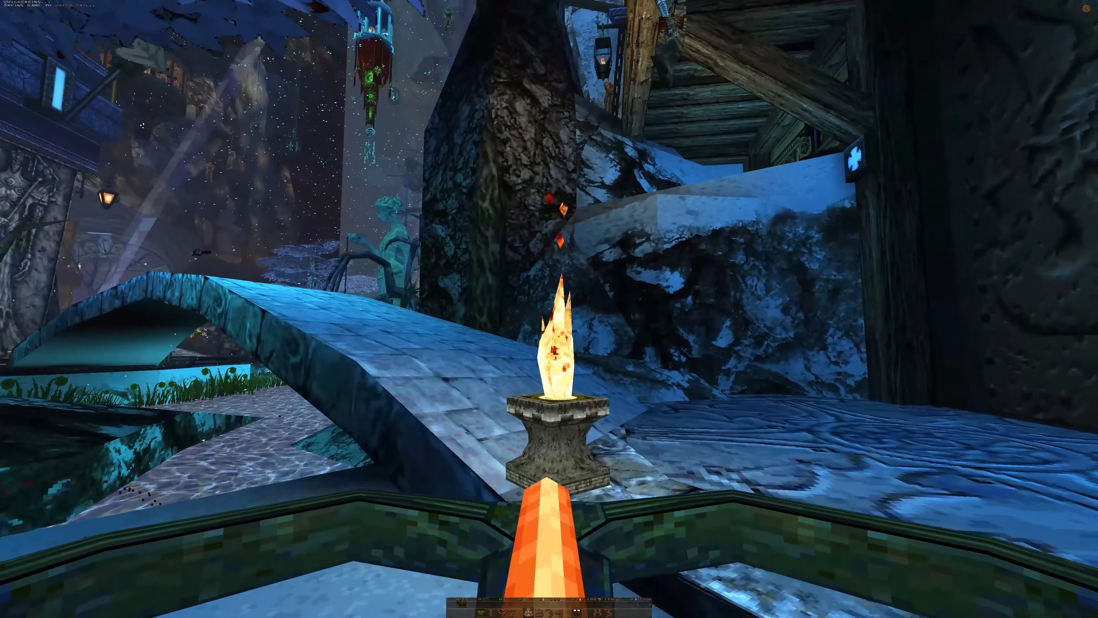 Spieler zielt mit Armbrust auf brennenden Sockel nahe eisiger Brücke im Quake Mjölnir Mod