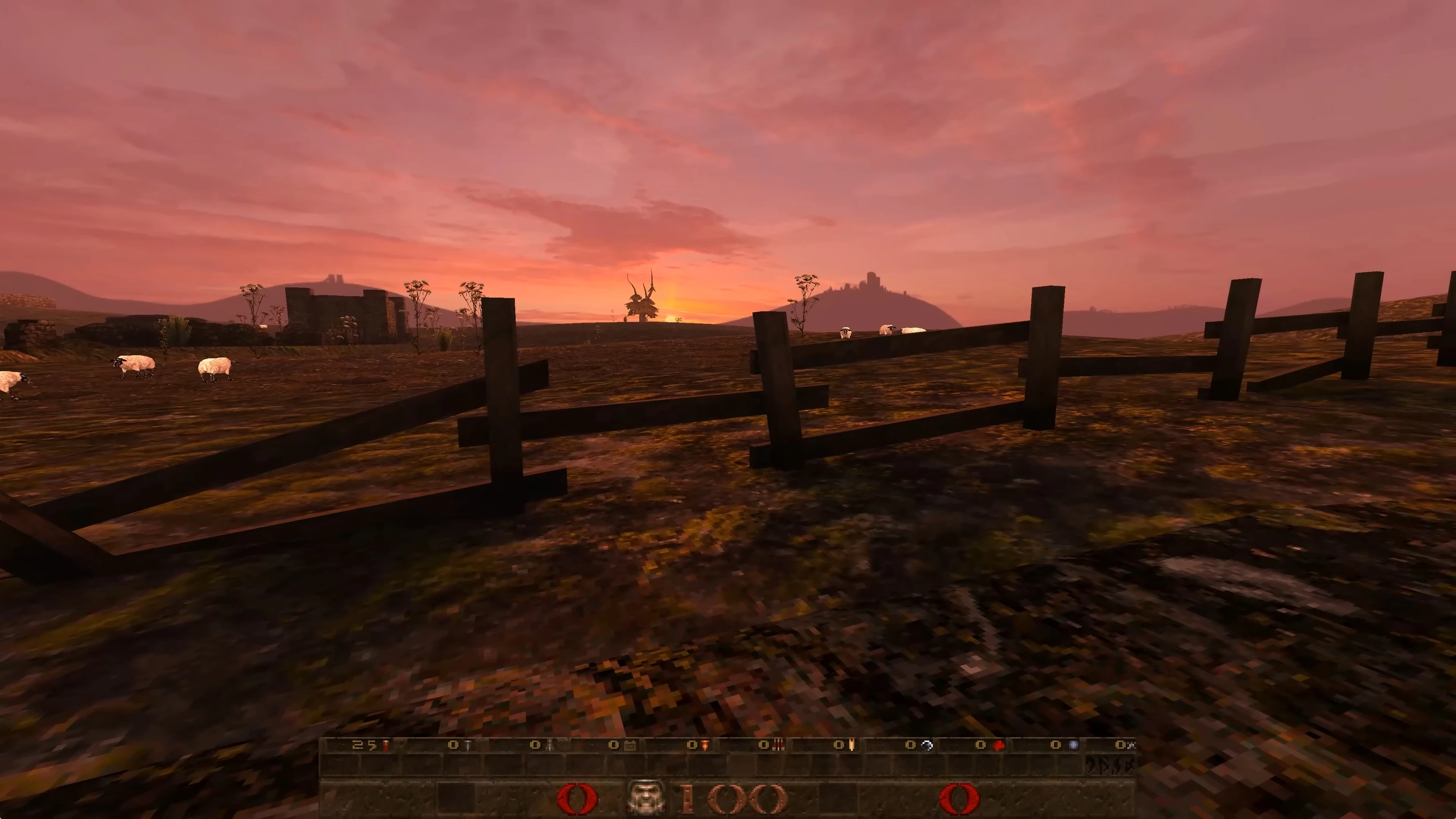 Quake Mjölnir Mod zeigt einen Sonnenuntergang über einem Feld mit Holzzäunen und verstreuten Schafen