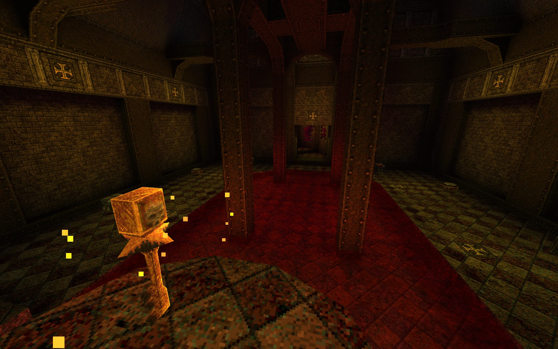 In-Game-Ansicht eines düster beleuchteten Levels des Quake-Mods Rotting Jam mit rostigen Metallpfeilern und leuchtendem Schädel