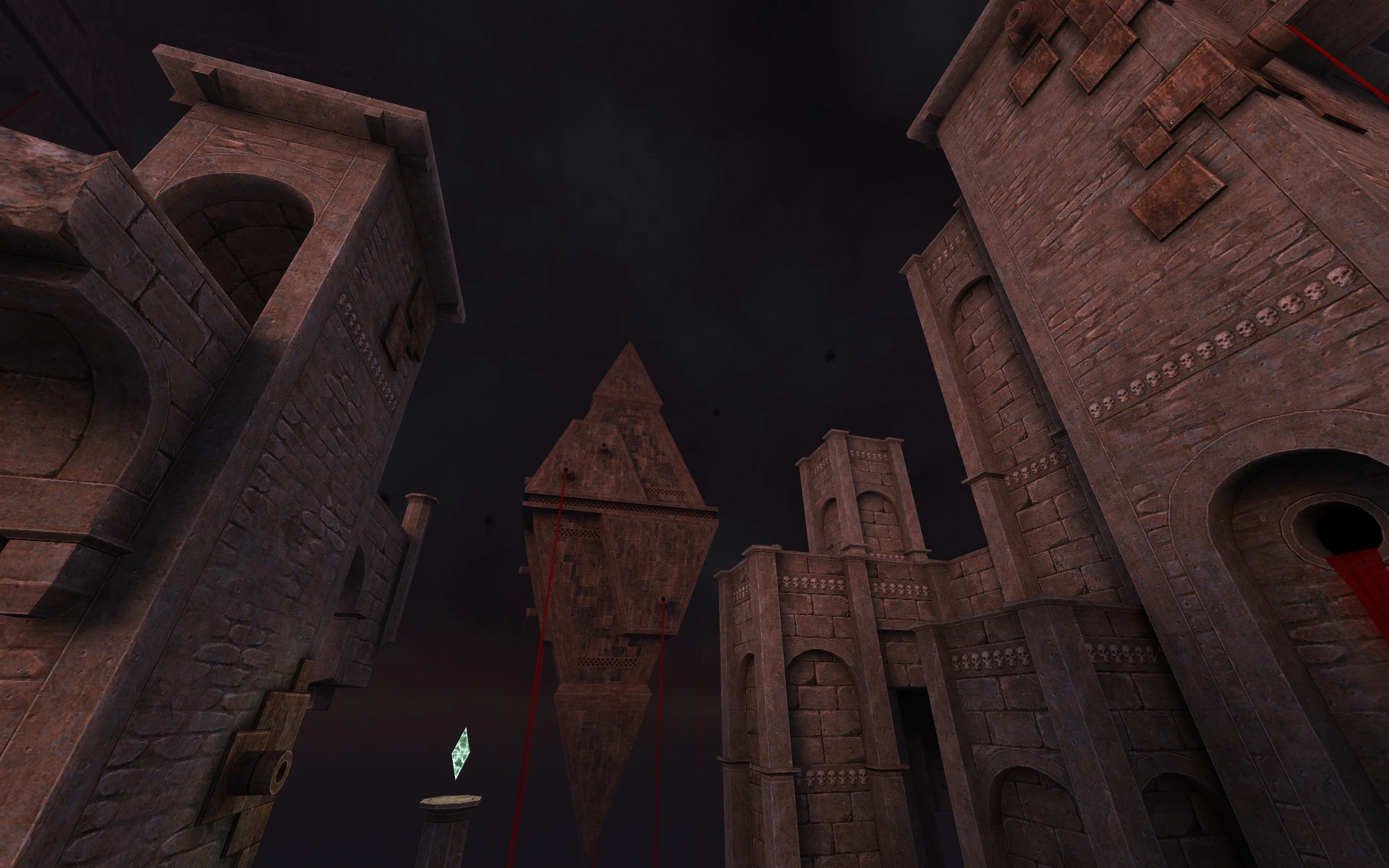 Steintürme und eine umgekehrte schwebende Struktur mit roten Strahlen auf dunklem Himmel aus dem Quake 1996 Mod Rotting Jam