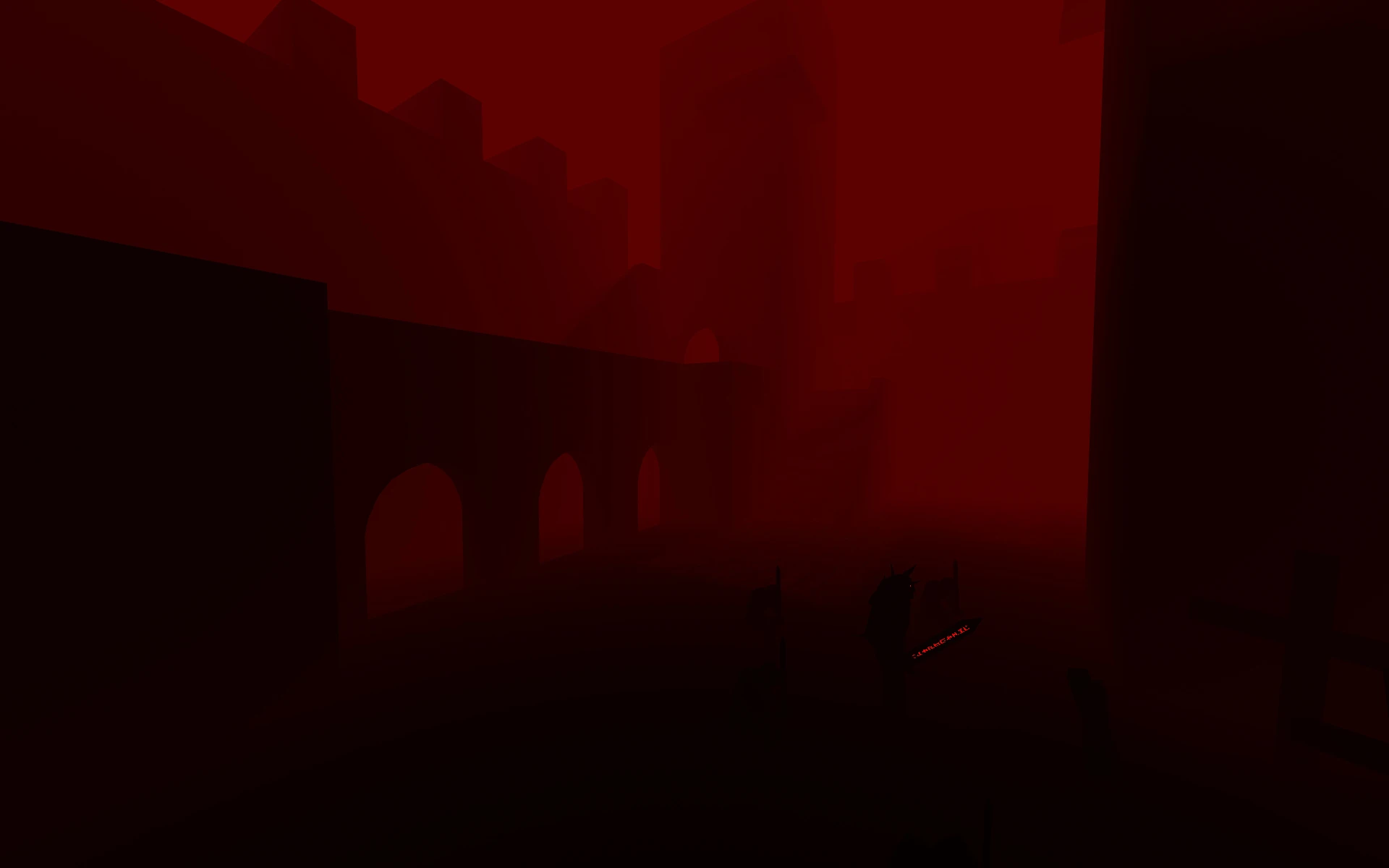Düsterer, nebliger mittelalterlicher Burghof mit Silhouetten von Bannern und Gebäuden in Rottönen aus dem Quake-Mod Rotting Jam