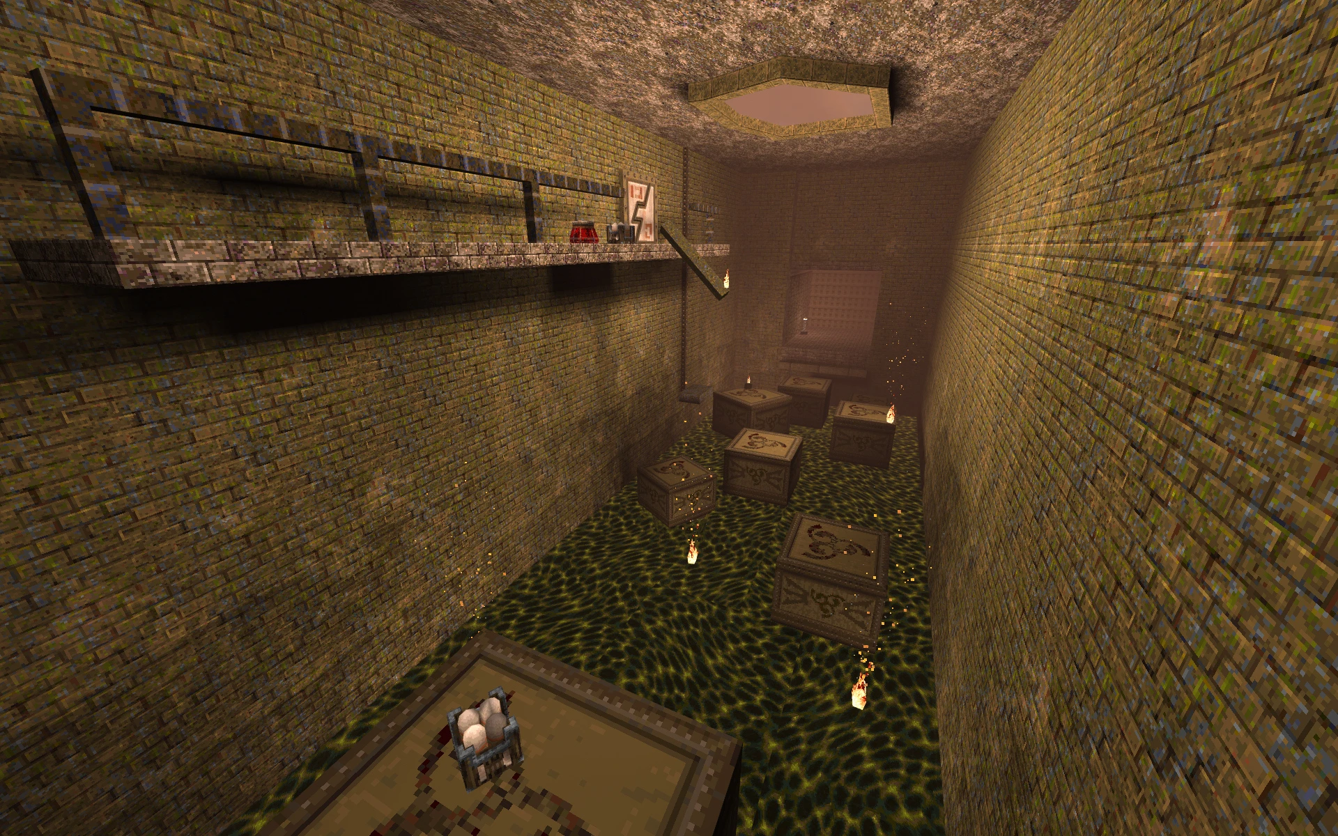 Blick auf einen schmalen Backstein-Korridor mit schwebenden Kisten und Gefahren im Quake Mod Rotting Jam