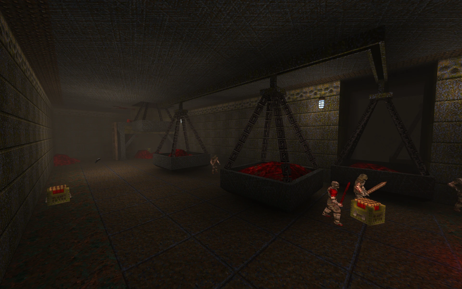 Ingame-Screenshot eines schwach beleuchteten Industrie-Raums mit großen hängenden Kesseln und Kreaturen im Quake Rotting Jam Mod