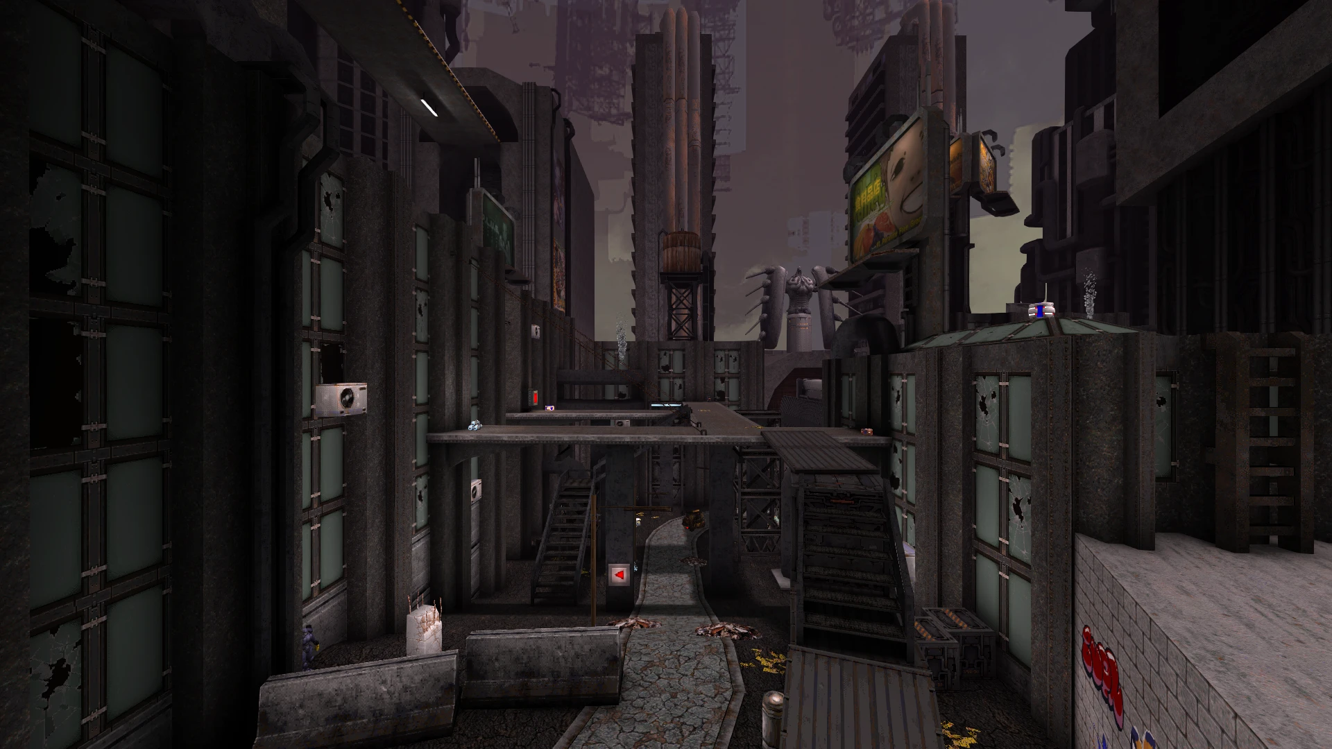 Bildschirmaufnahme aus dem Quake-Mod Slave Zero X Episode Enyo mit einer dunklen Industriestadt mit Stegen und Treppen